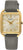 "Reloj de mujer con caja rectangular dorada, esfera blanca y correa de piel gris."