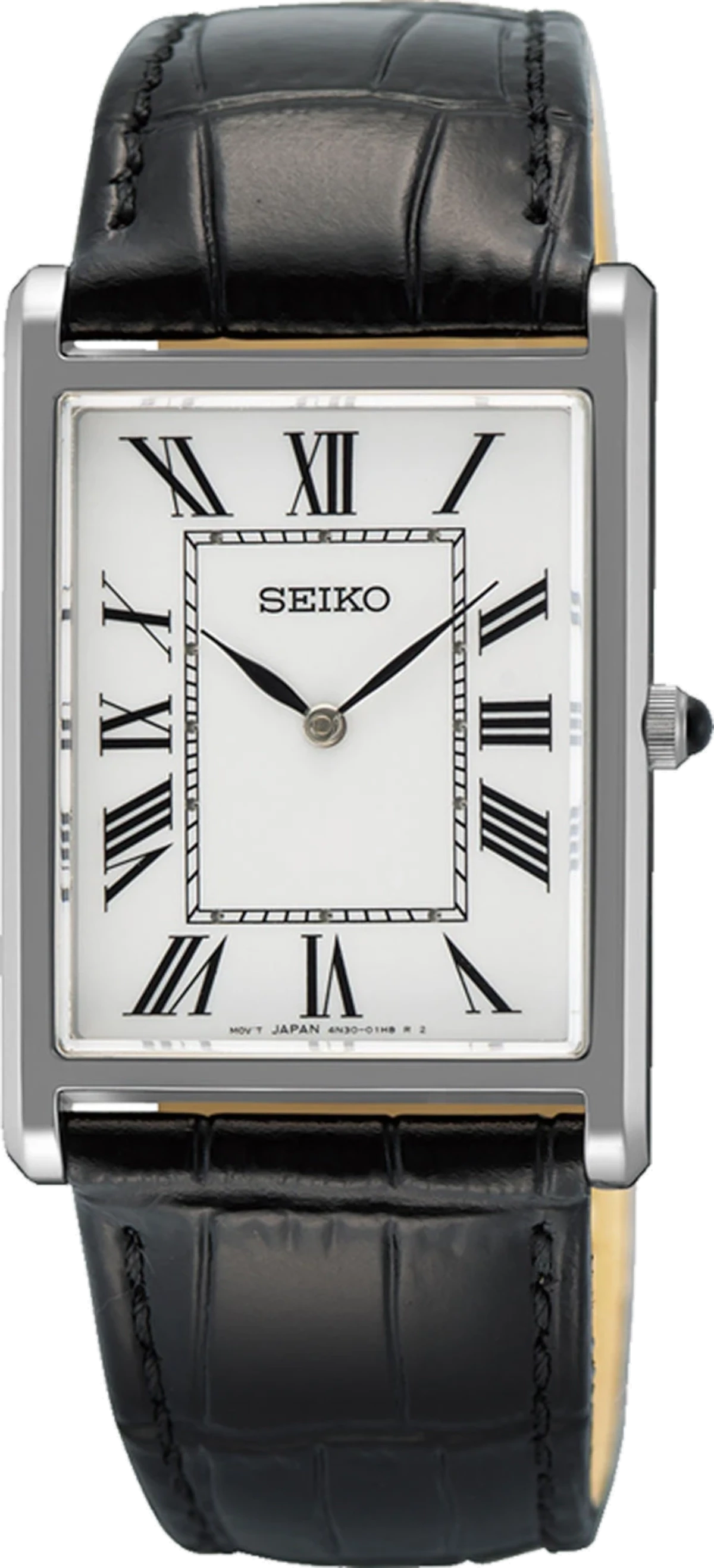 Reloj Seiko para hombre con caja rectangular, correa de cuero negra y esfera blanca