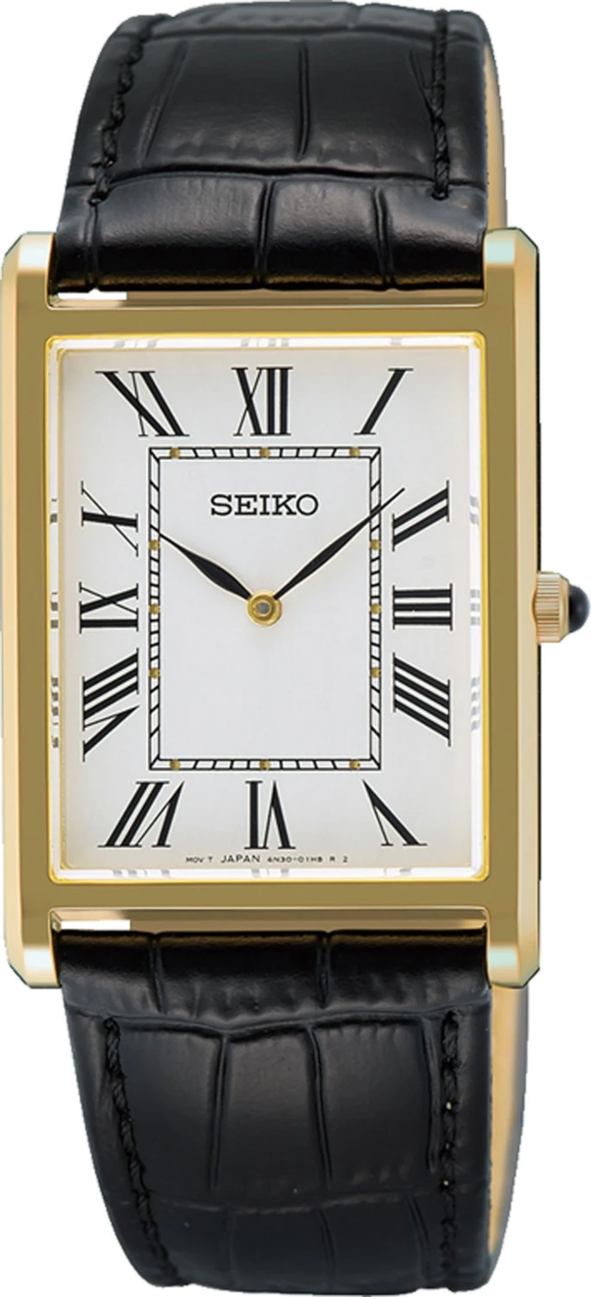 Reloj de mujer en tono dorado con correa de cuero negra, esfera cuadrada con números romanos