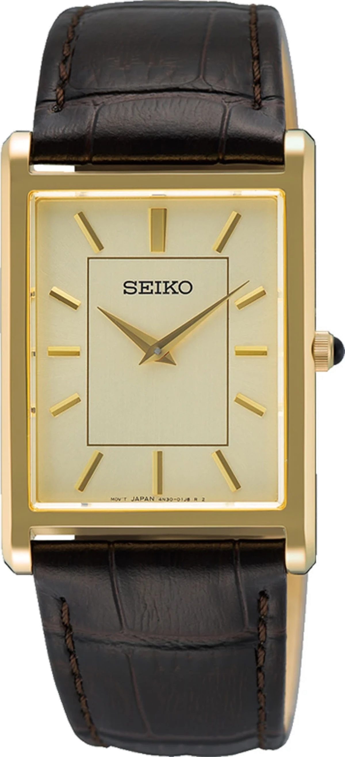 "Reloj de mujer con caja dorada, esfera beige y correa de cuero negra, Seiko"