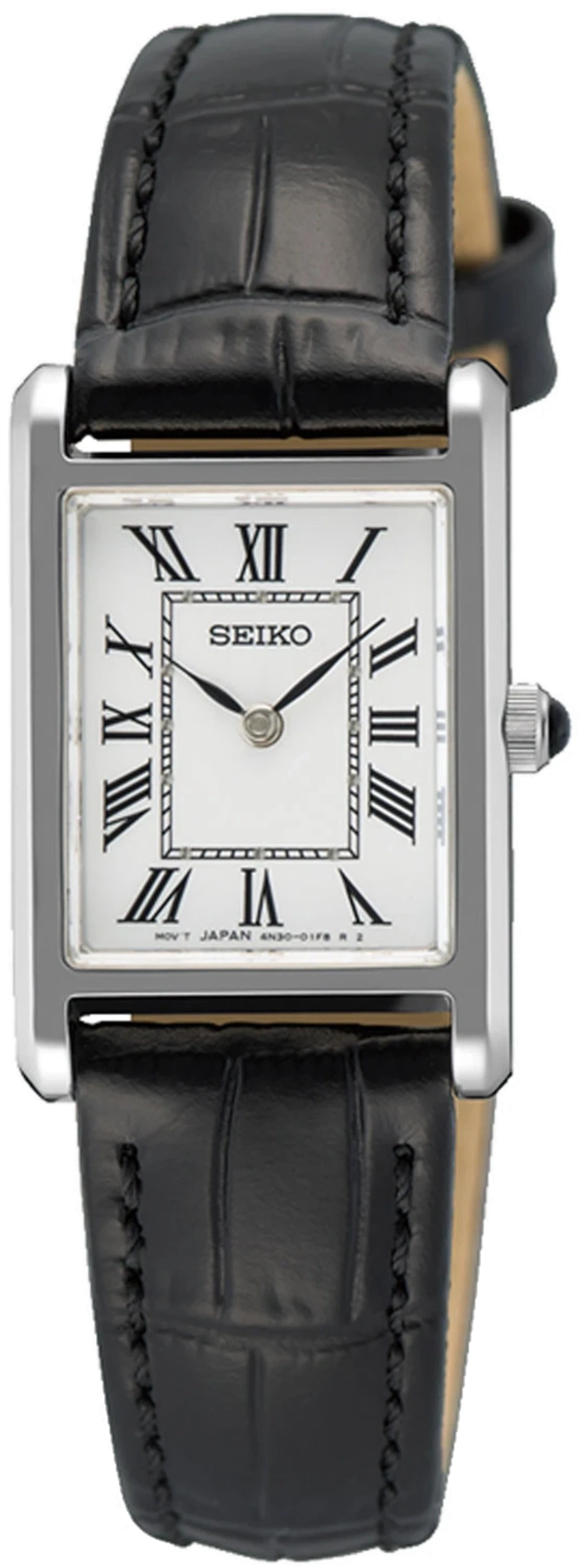 Reloj Seiko para mujer con correa de cuero negra, esfera cuadrada con números romanos
