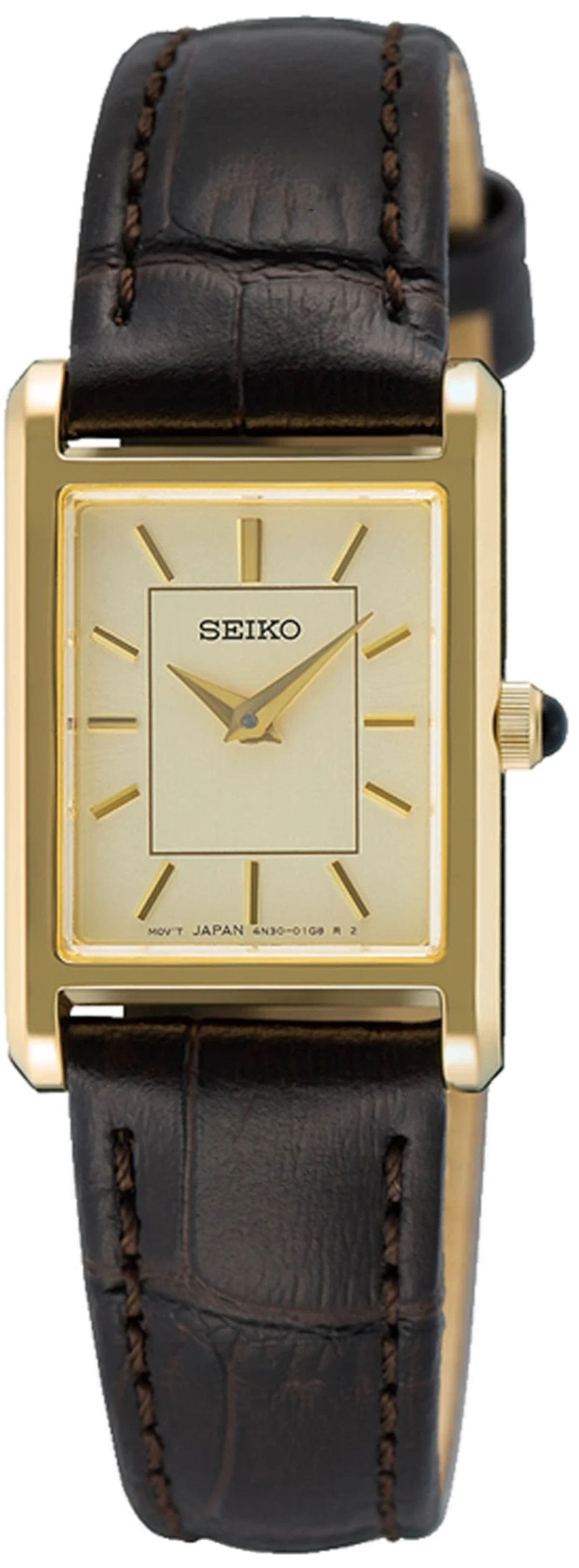 Reloj Seiko para mujer con correa de cuero negra, caja dorada y esfera rectangular.