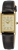 Reloj Seiko para mujer con correa de cuero negra, caja dorada y esfera rectangular.