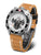 Reloj de hombre con correa de cuero marrón, caja plateada y bisel negro, cronógrafo
