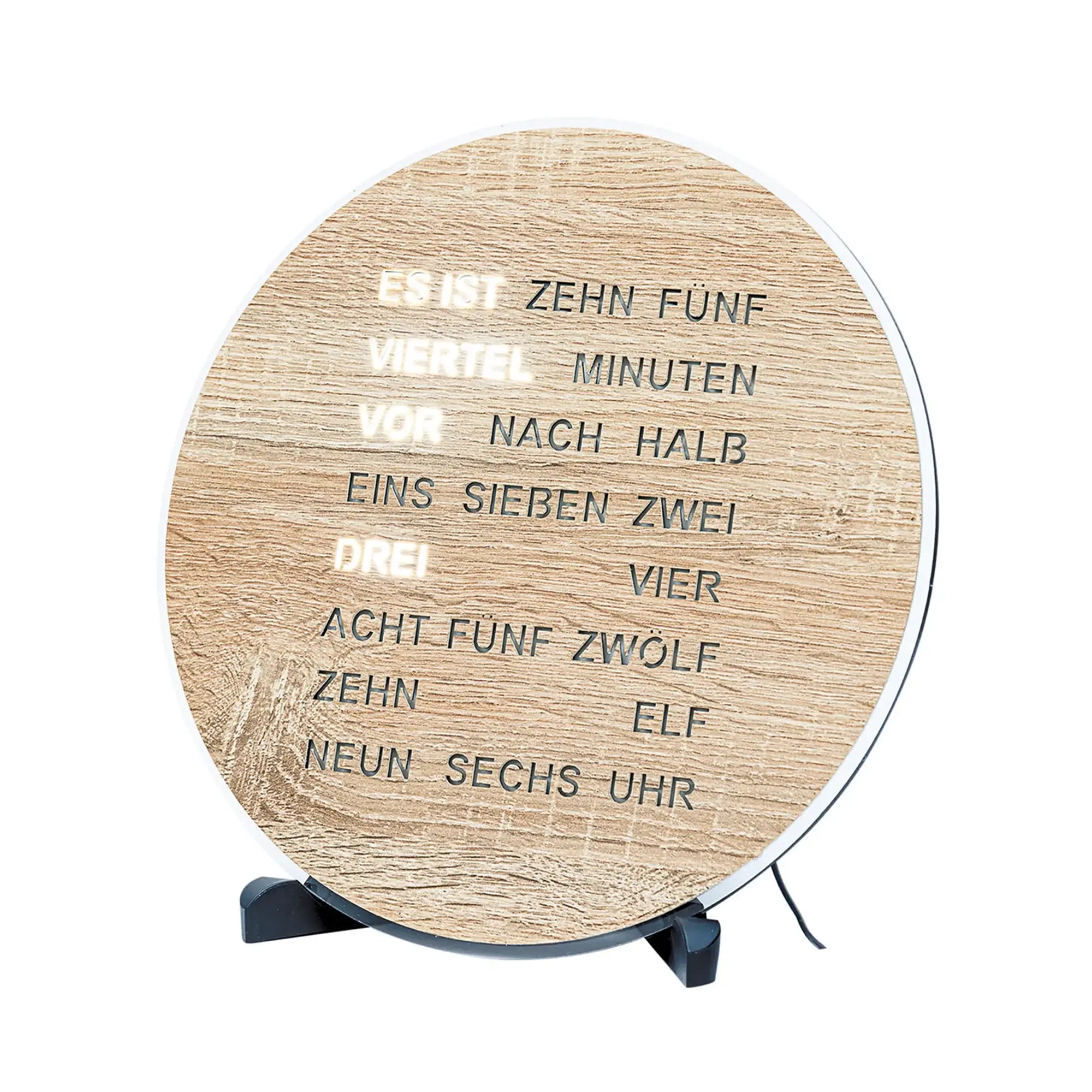 Runde LED-Wortanzeige Uhr mit Holzoptik, beleuchtete Schrift und schwarzem Ständer