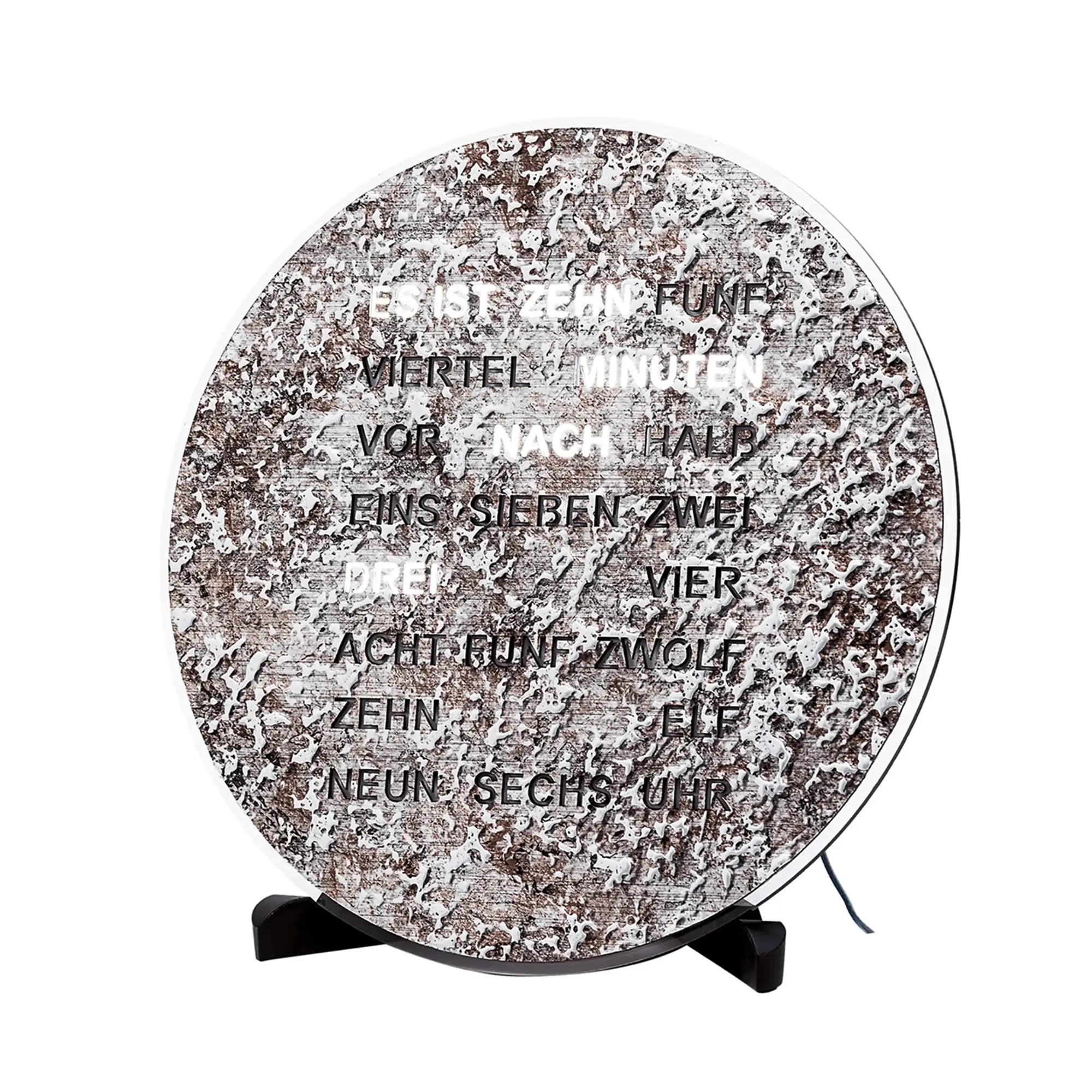 AMS LED-Wortuhr rundes Zifferblatt auf Standfuß, LED-Text und Kabel am Fuß