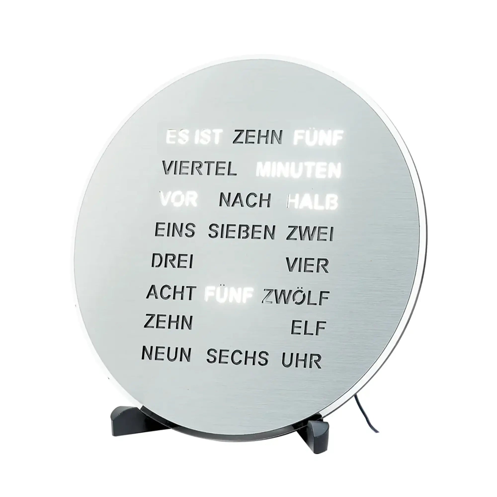 Runde LED-Wortanzeige-Uhr mit Schrift auf Metallfront und Standfüßen