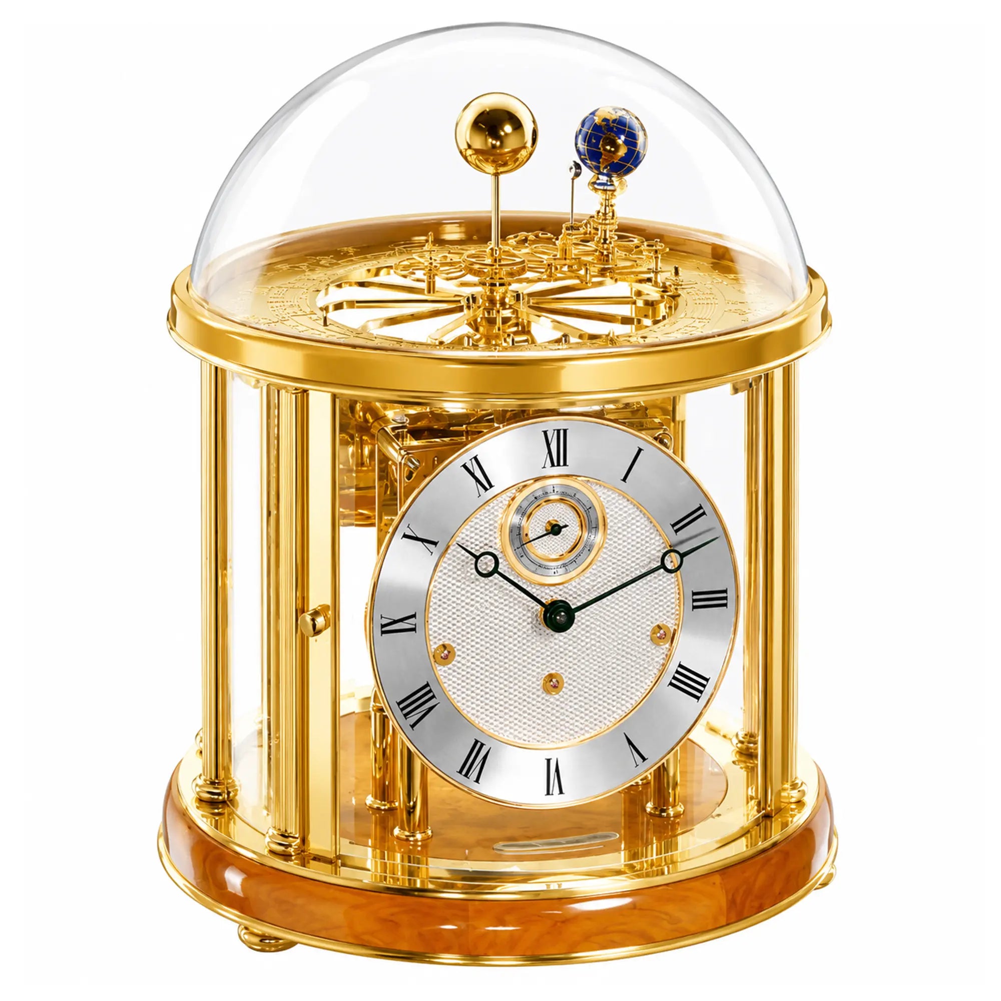 Reloj de mesa dorado con campana de cristal redonda y esfera blanca