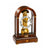 Reloj de mesa de madera con marco de cristal y mecanismo dorado, números romanos