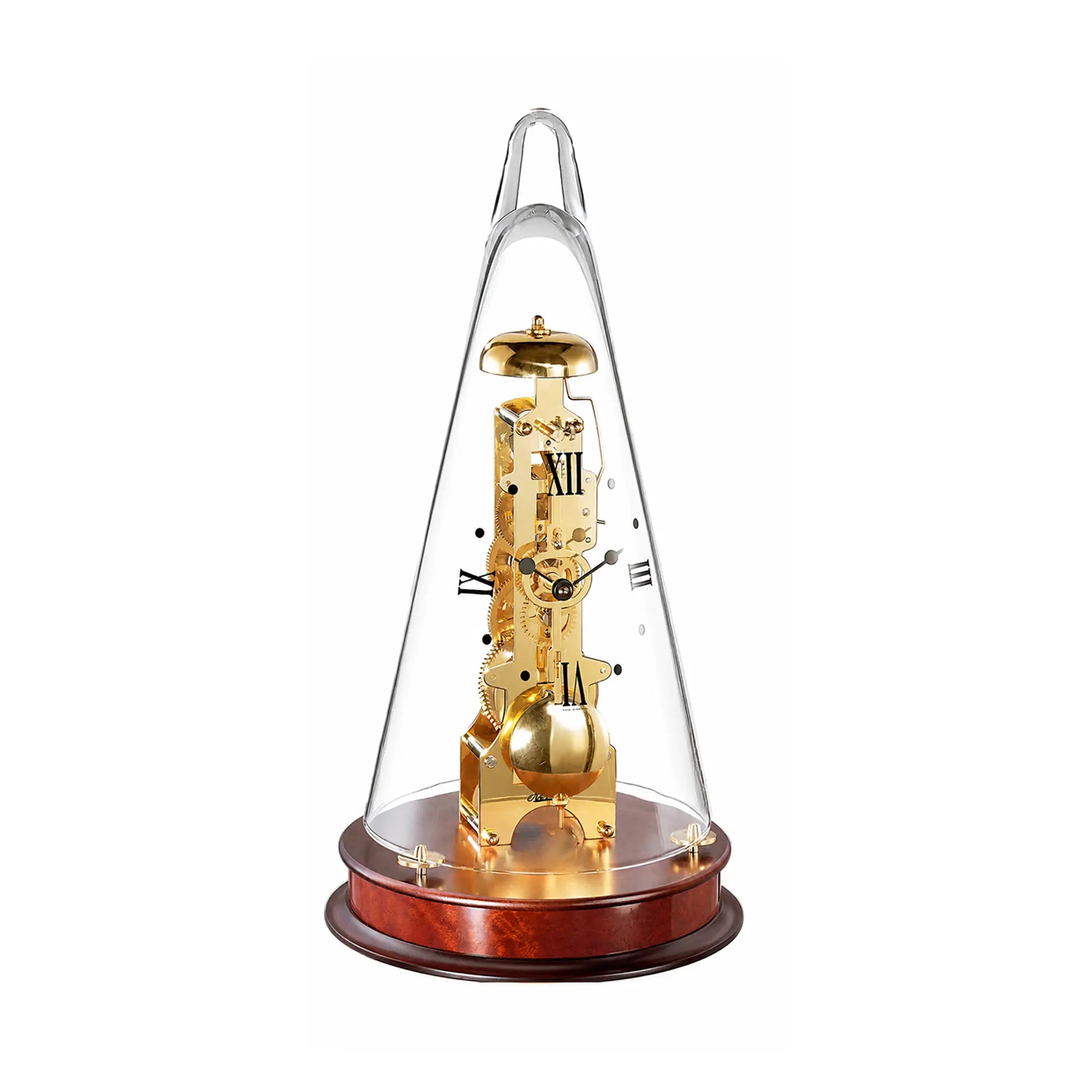 Reloj de mesa tipo campana con tapa de cristal, mecanismo dorado y base de madera con números romanos