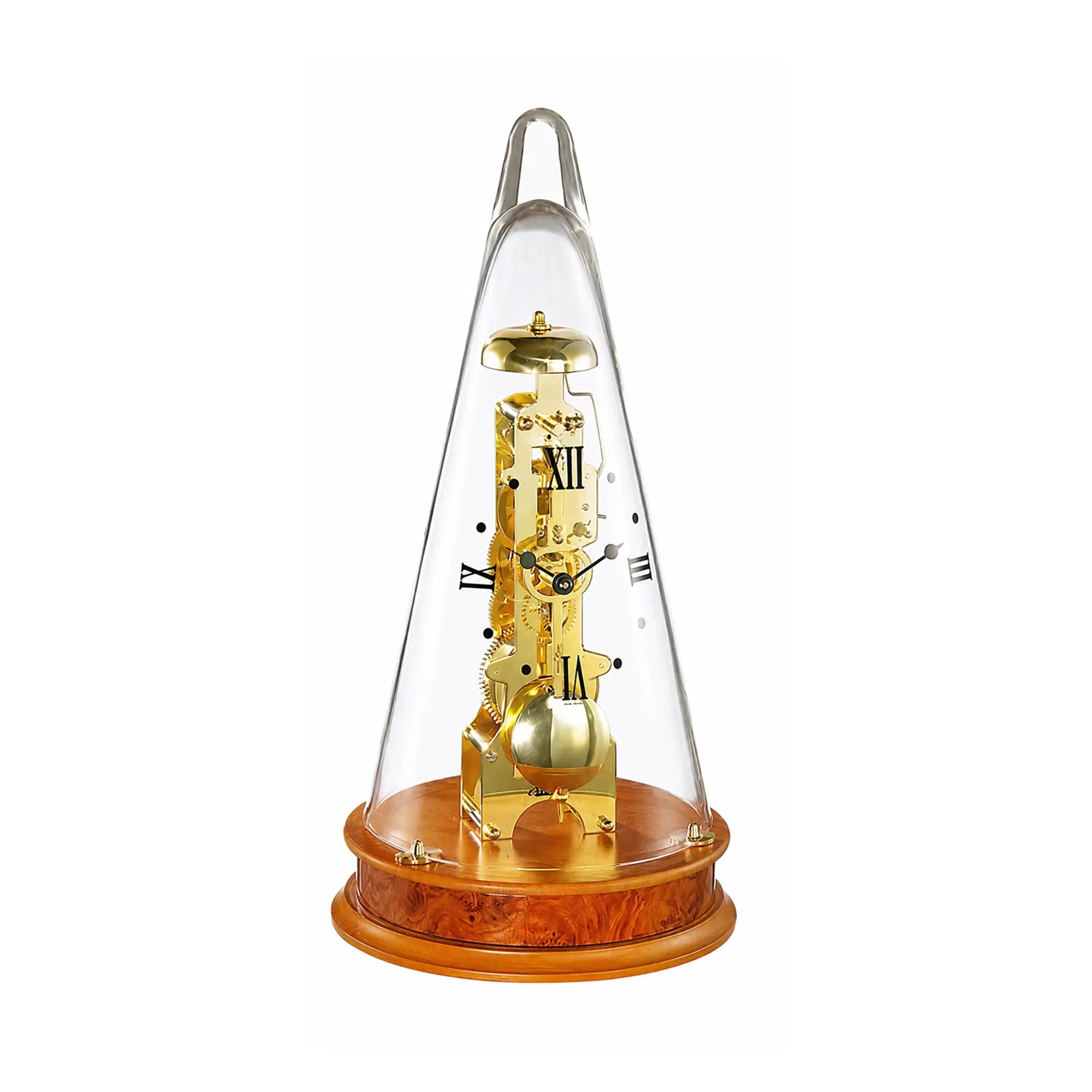 Reloj de mesa con caja de cristal transparente, mecanismo dorado y base redonda de madera