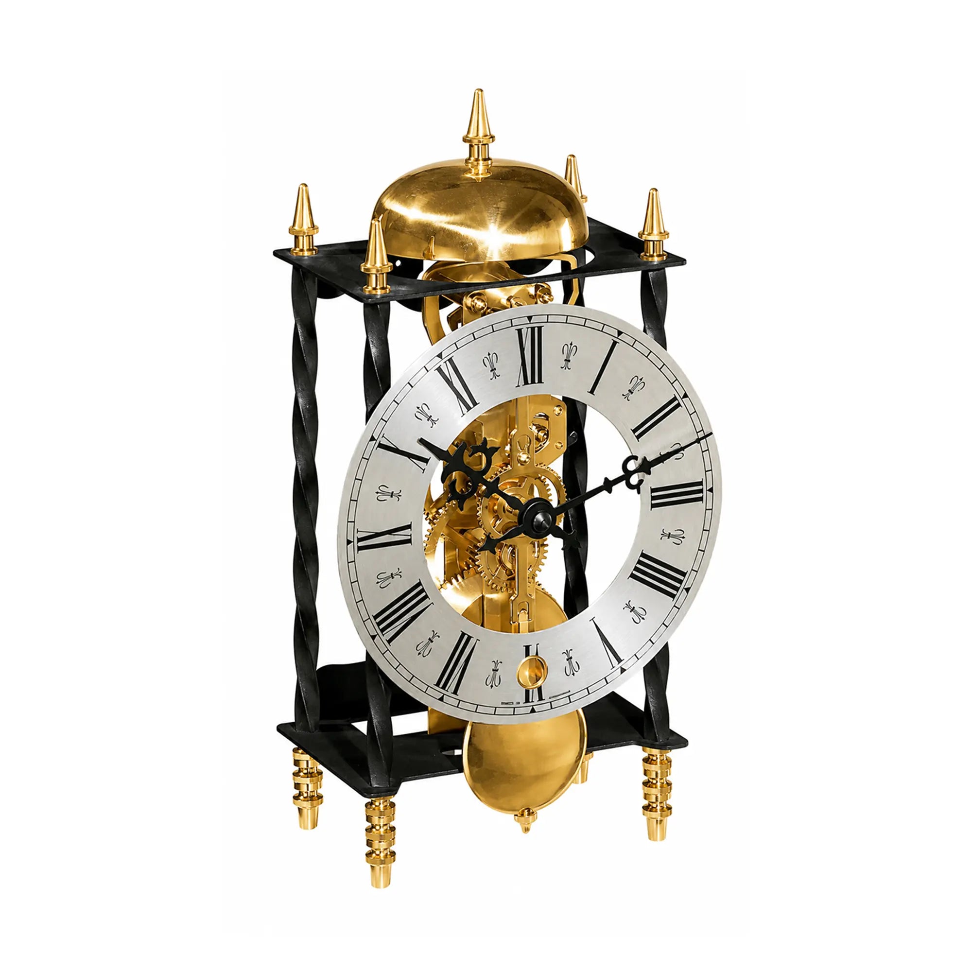 Reloj de mesa mecánico con esfera dorada y movimiento expuesto, estructura negra