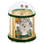 Reloj de mesa mecánico con campana de cristal, caja dorada, base verde y esfera romana