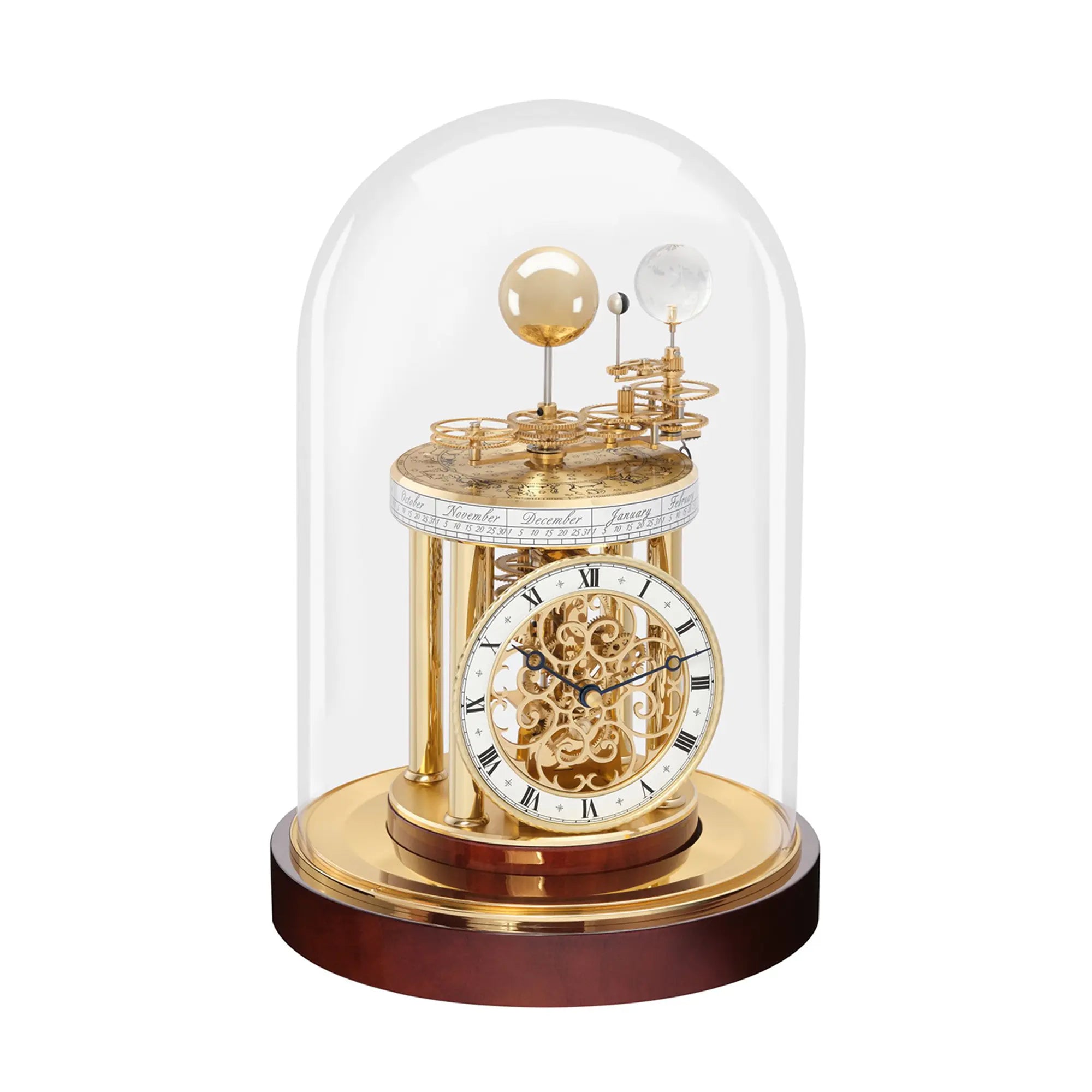 Reloj de mesa con mecanismo dorado bajo campana de cristal, base redonda en marrón oscuro