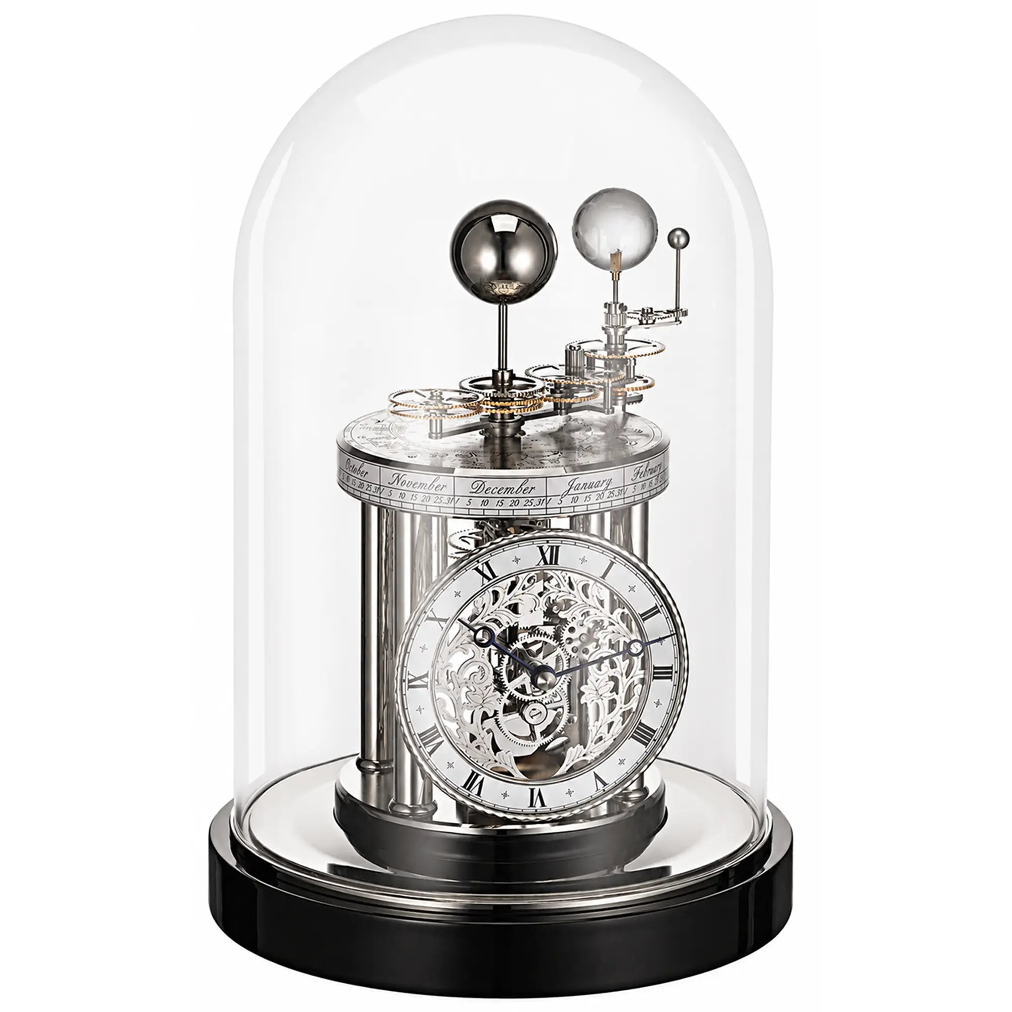 Reloj de mesa con campana de cristal, esfera plateada y base negra