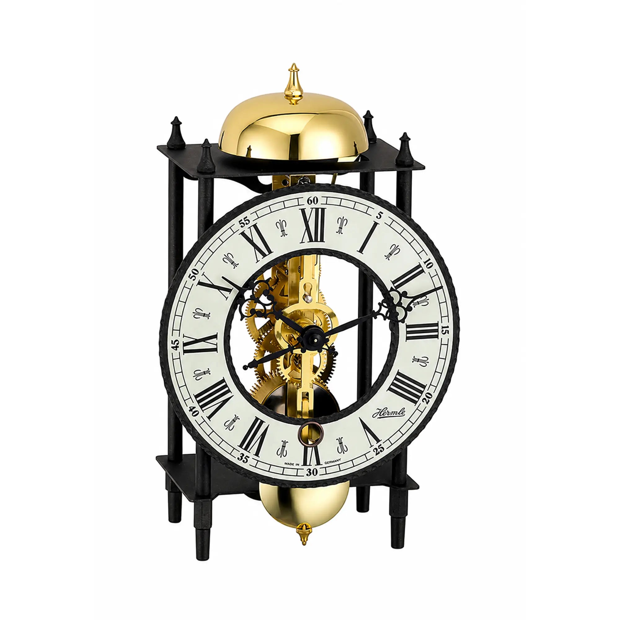 Reloj de mesa mecánico con movimiento esquelético visible, esfera redonda, movimiento dorado