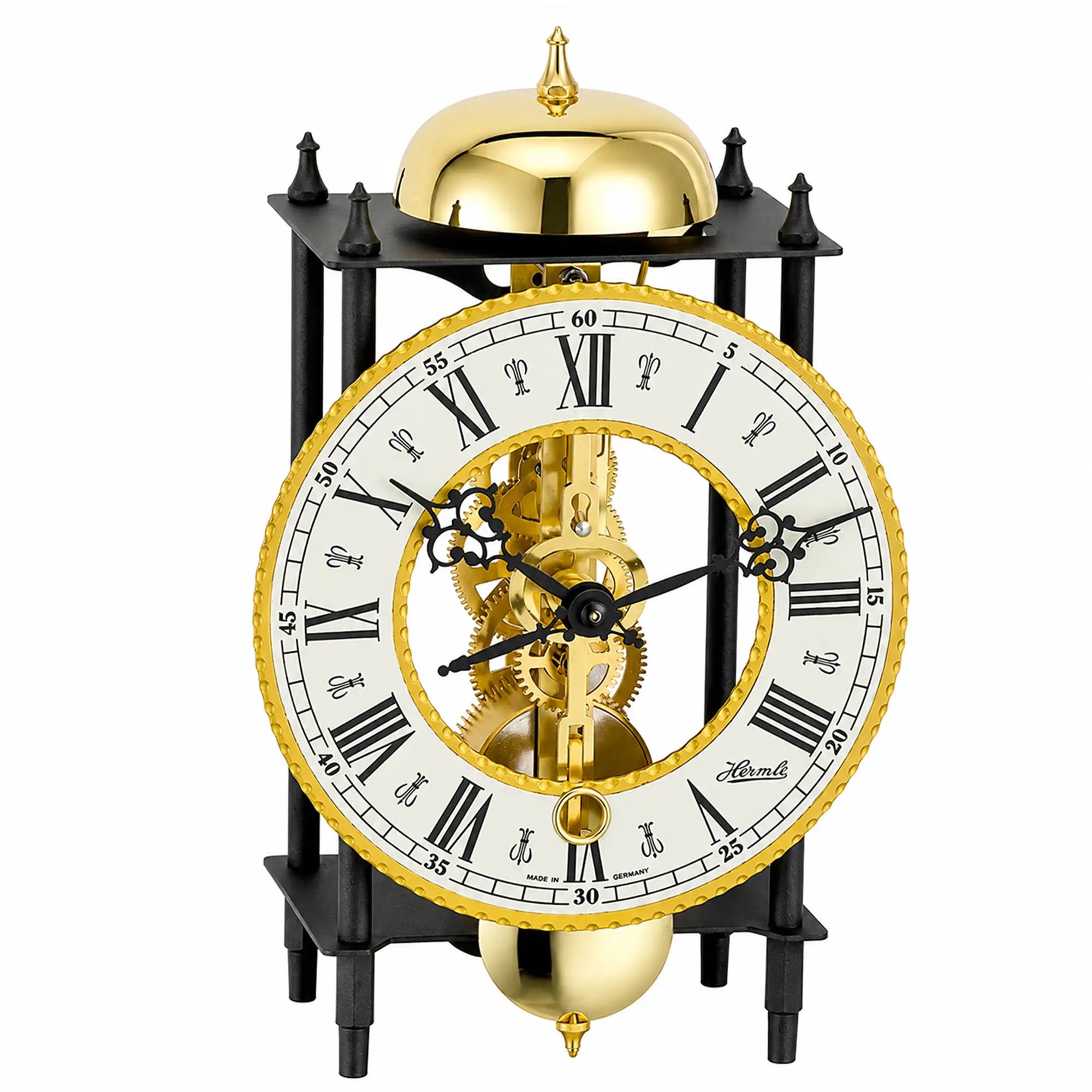 Reloj de mesa mecánico con movimiento esqueleto, números dorados y marco negro