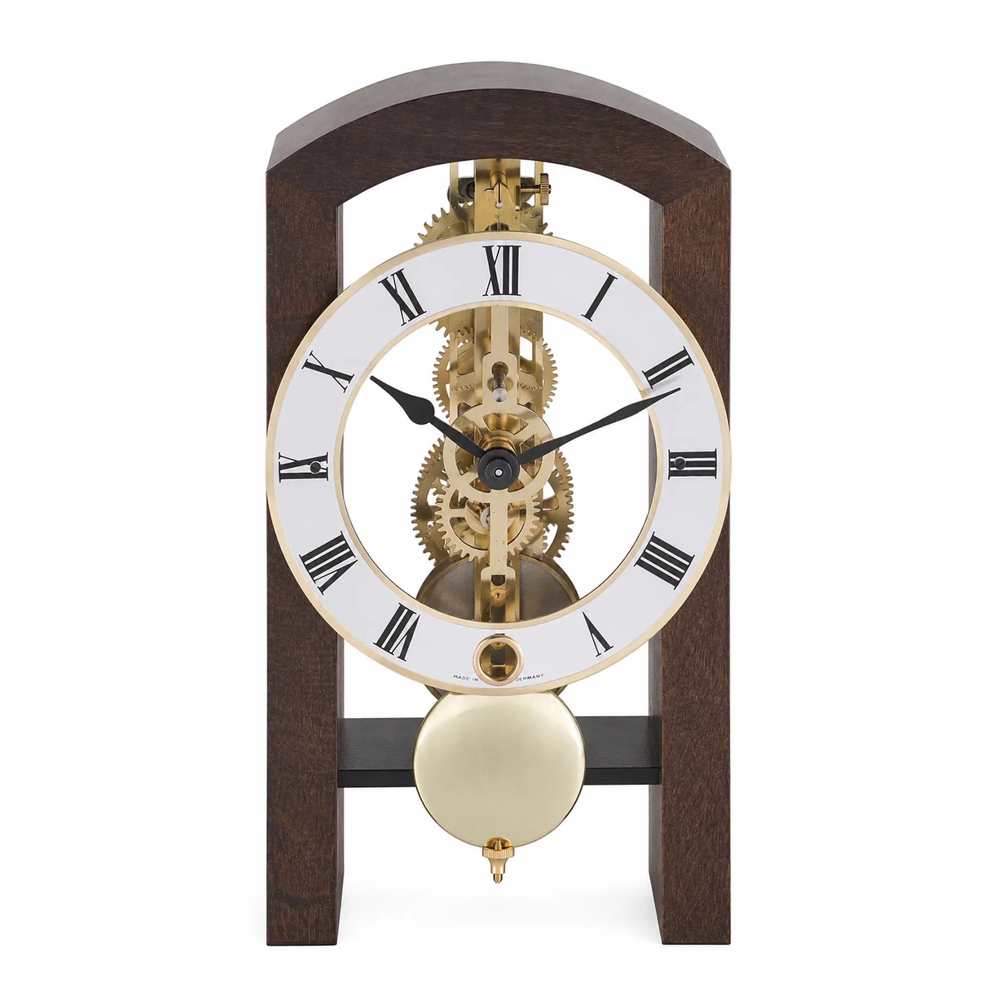 Reloj de mesa con movimiento esqueleto, esfera redonda, números romanos y caja de madera