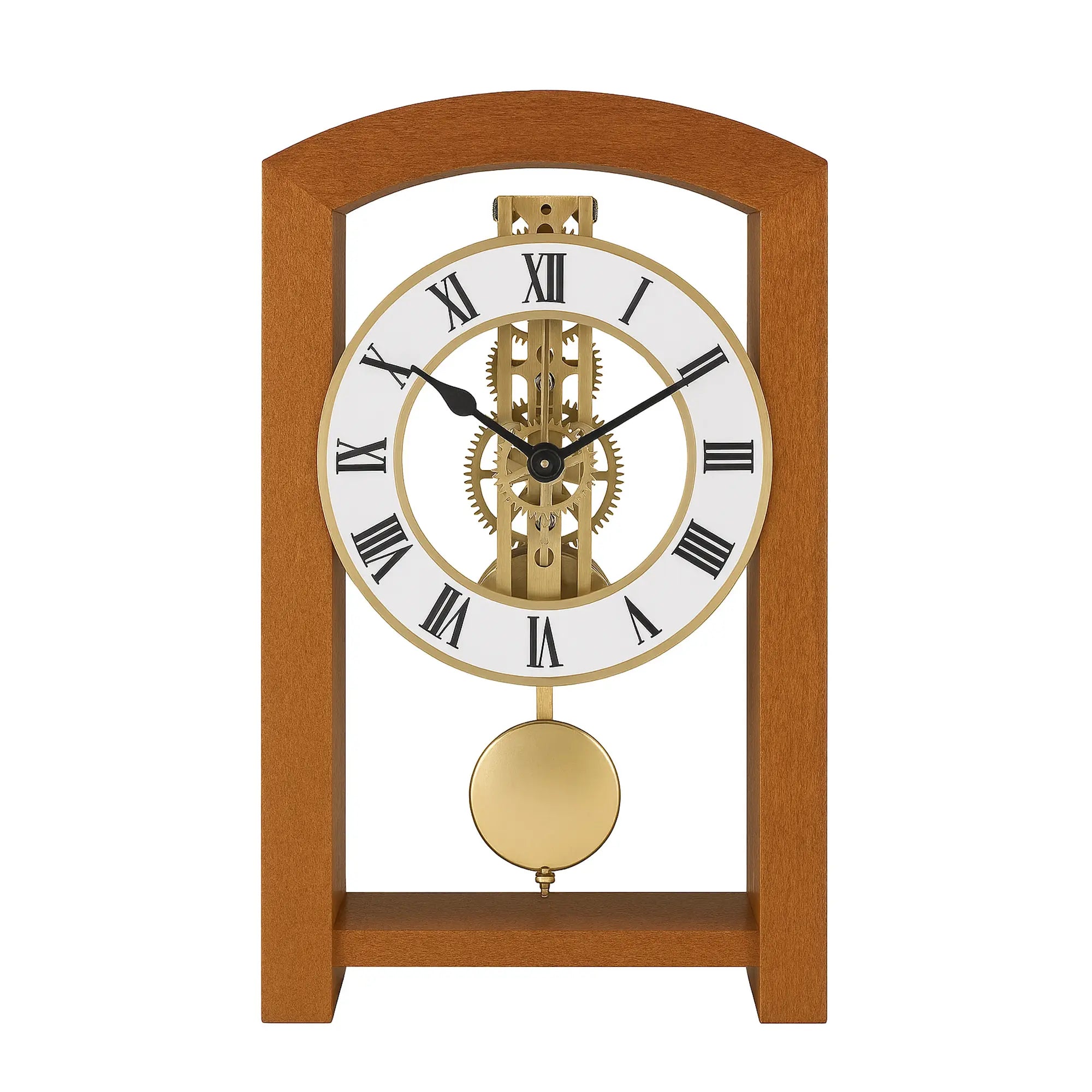 Reloj de mesa de madera con movimiento esqueleto mecánico, esfera redonda y péndulo