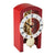 Reloj de mesa con caja de madera roja, vista frontal con mecanismo y péndulo