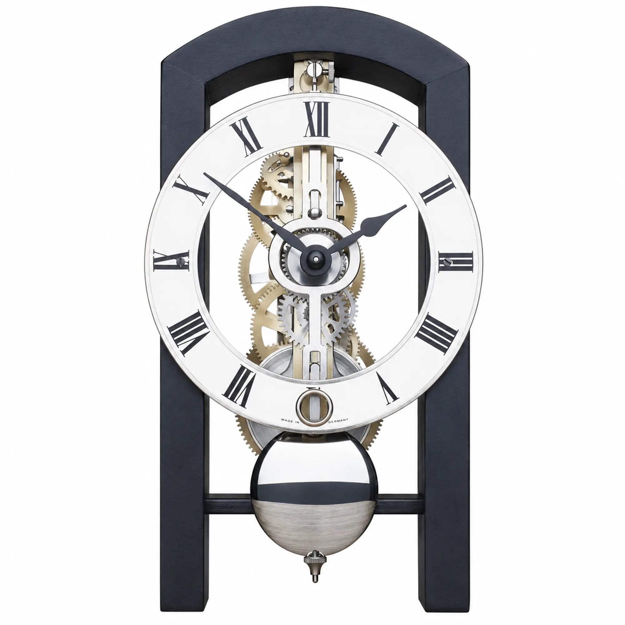 "Reloj de mesa azul marino con movimiento expuesto, esfera blanca y números romanos"