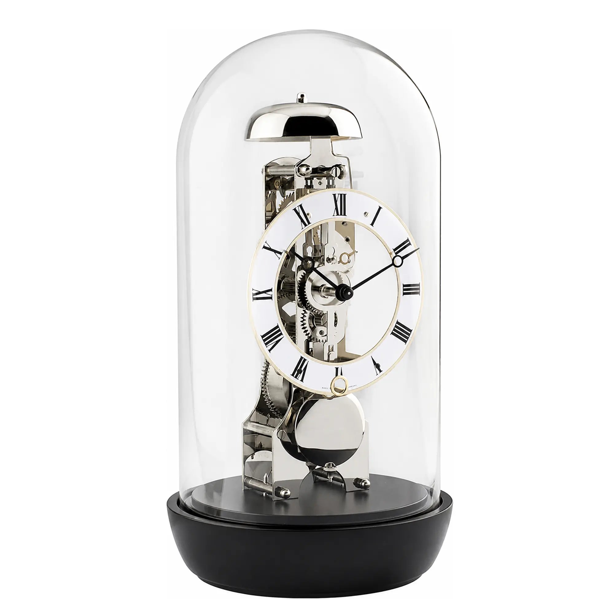 Reloj de mesa con cristal y movimiento esqueleto visible, esfera romana, base negra