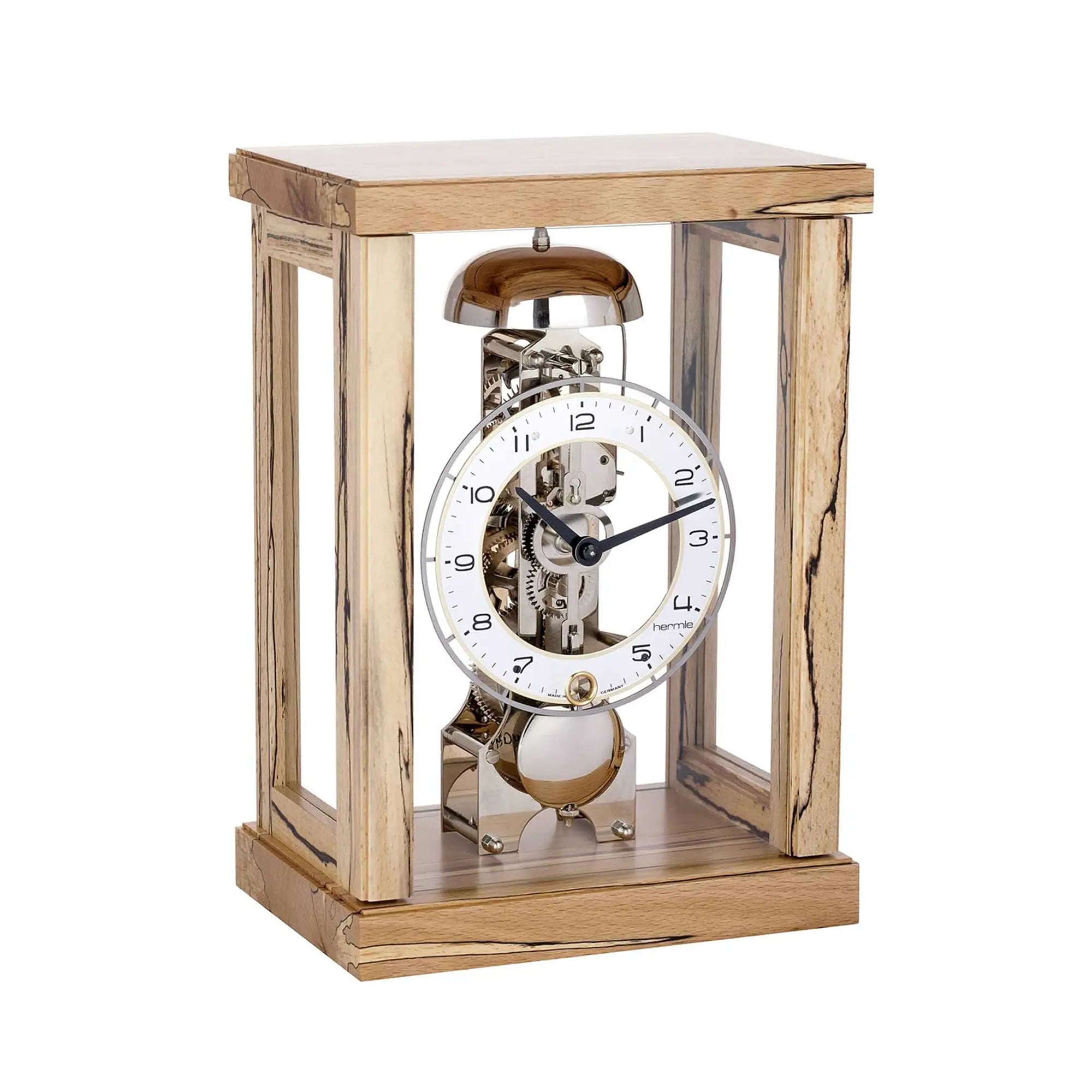 Reloj de mesa de madera con movimiento esqueleto abierto, esfera redonda y marco de cristal