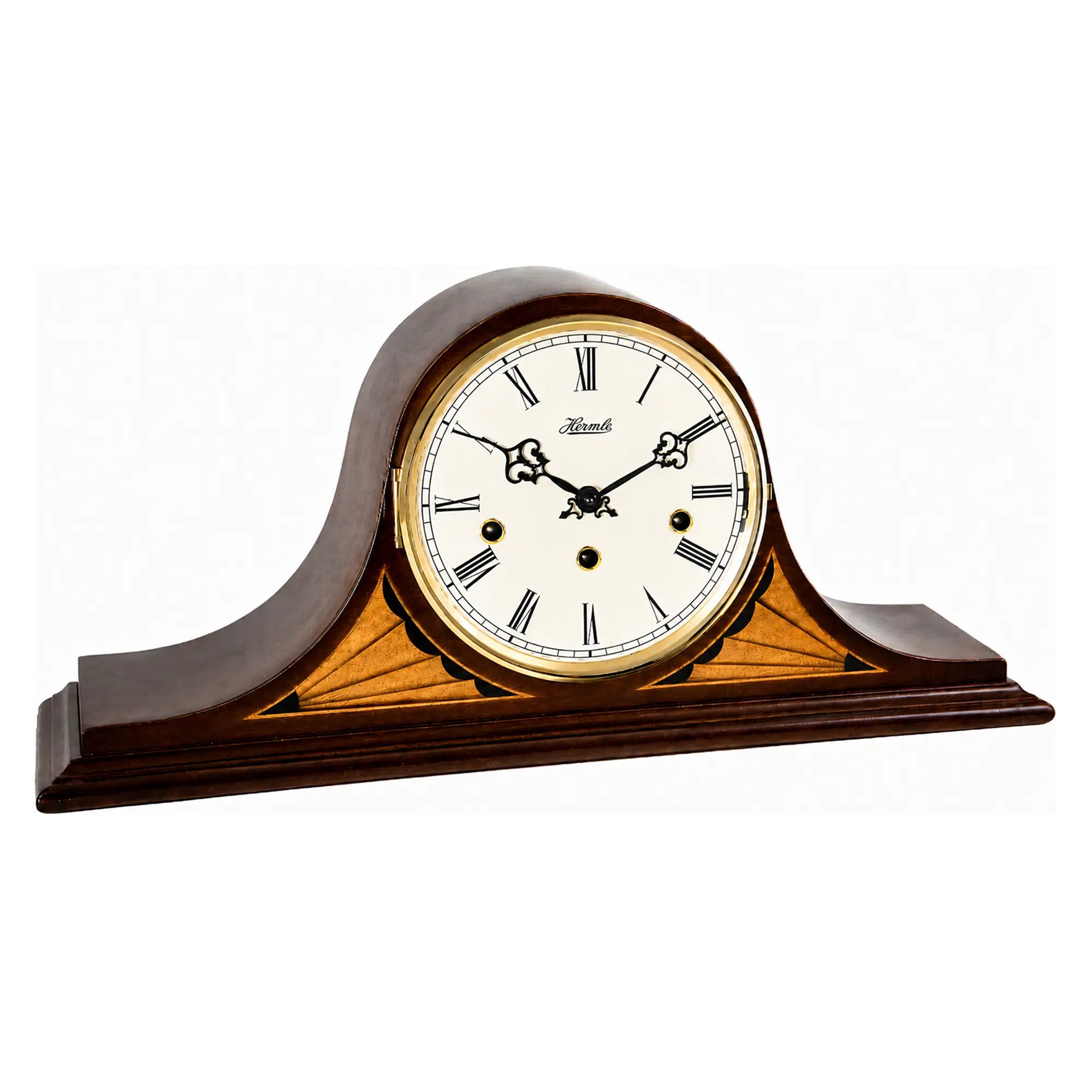 "Reloj de mesa de madera marrón con esfera redonda, números romanos y borde dorado"