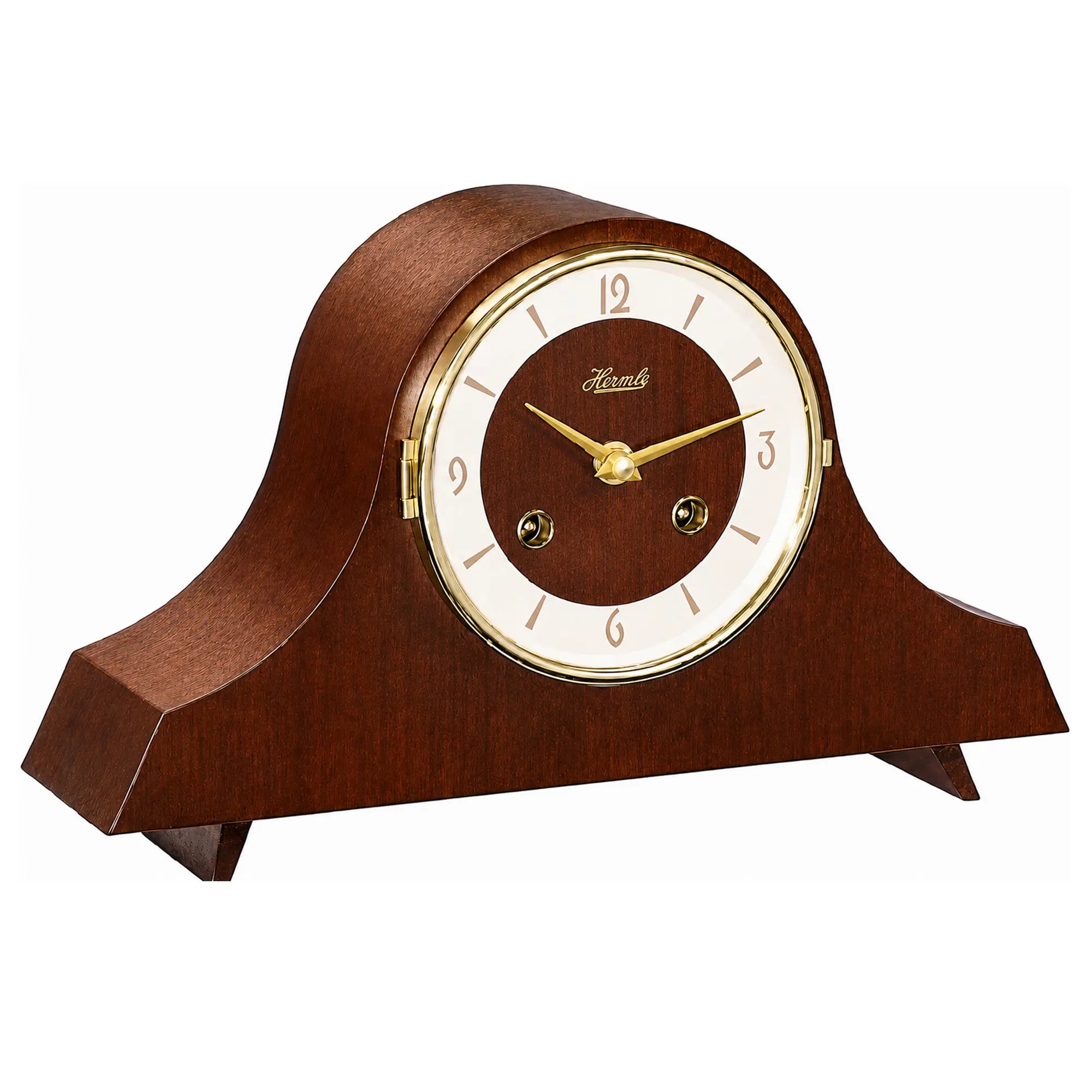 Reloj de mesa de madera con esfera redonda, manecillas doradas y caja de madera marrón, estampado Hermle