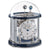 Reloj de mesa con campana de cristal, esfera plateada, números romanos, detalle azul