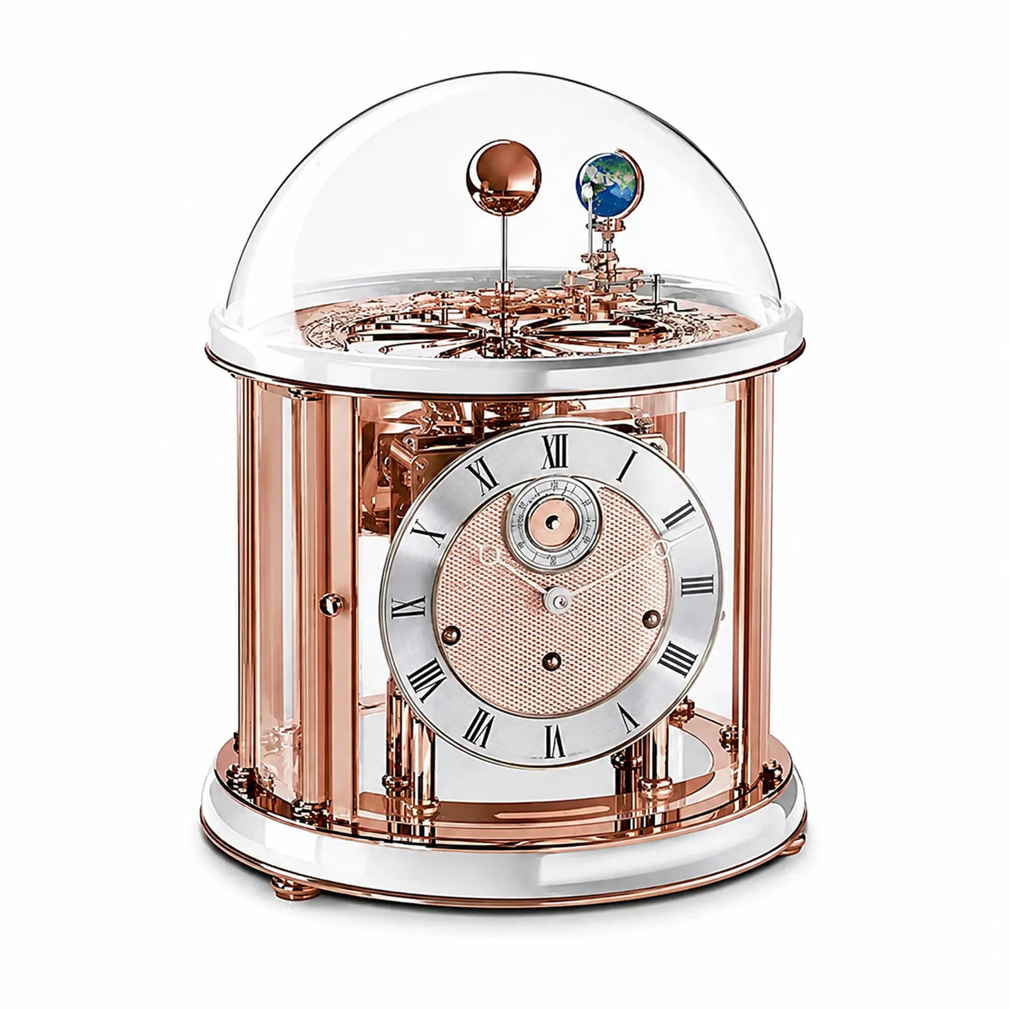 Reloj de mesa color cobre con campana de cristal y mecanismo visible