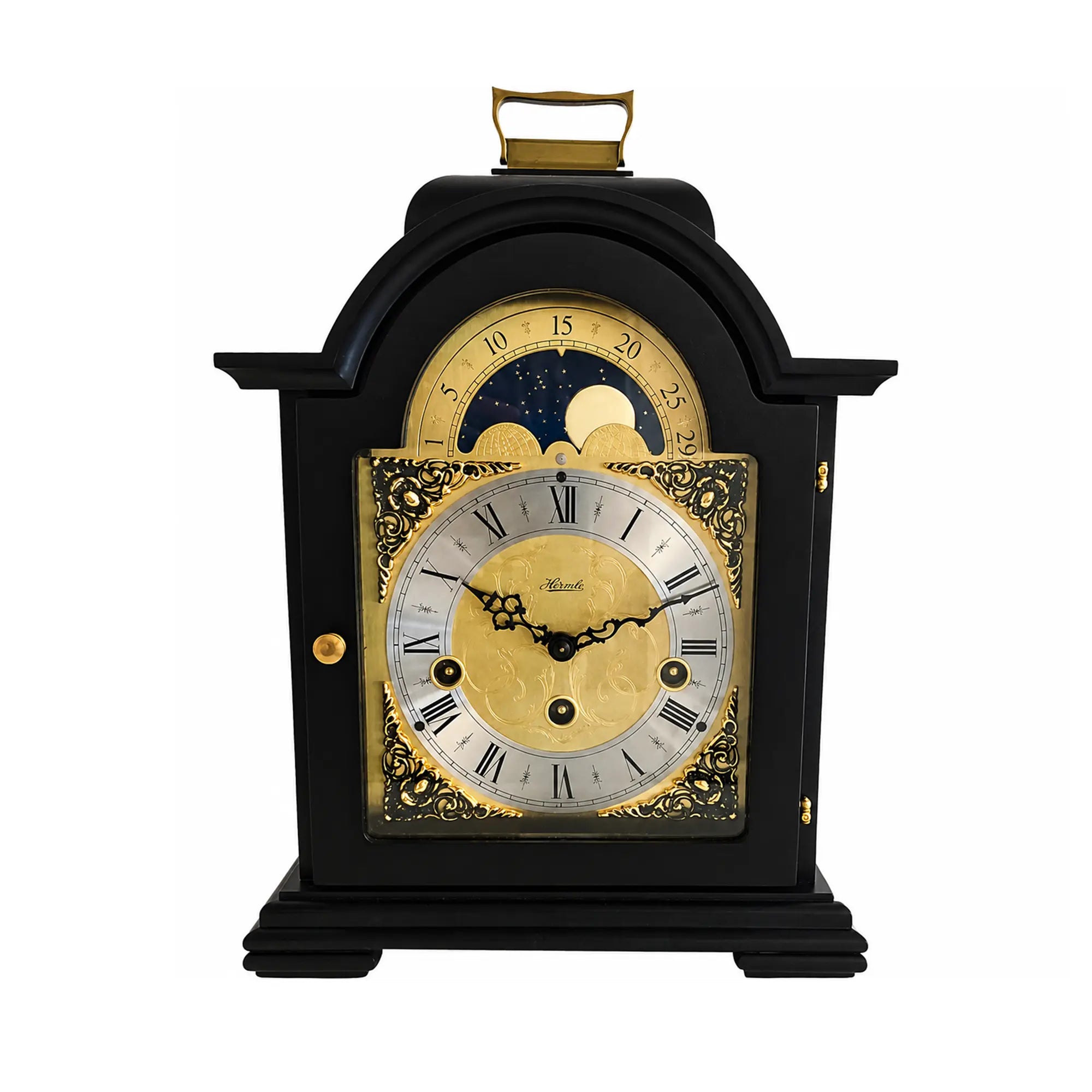 Reloj de mesa negro con indicador de fase lunar, esfera y marco decorativo dorados