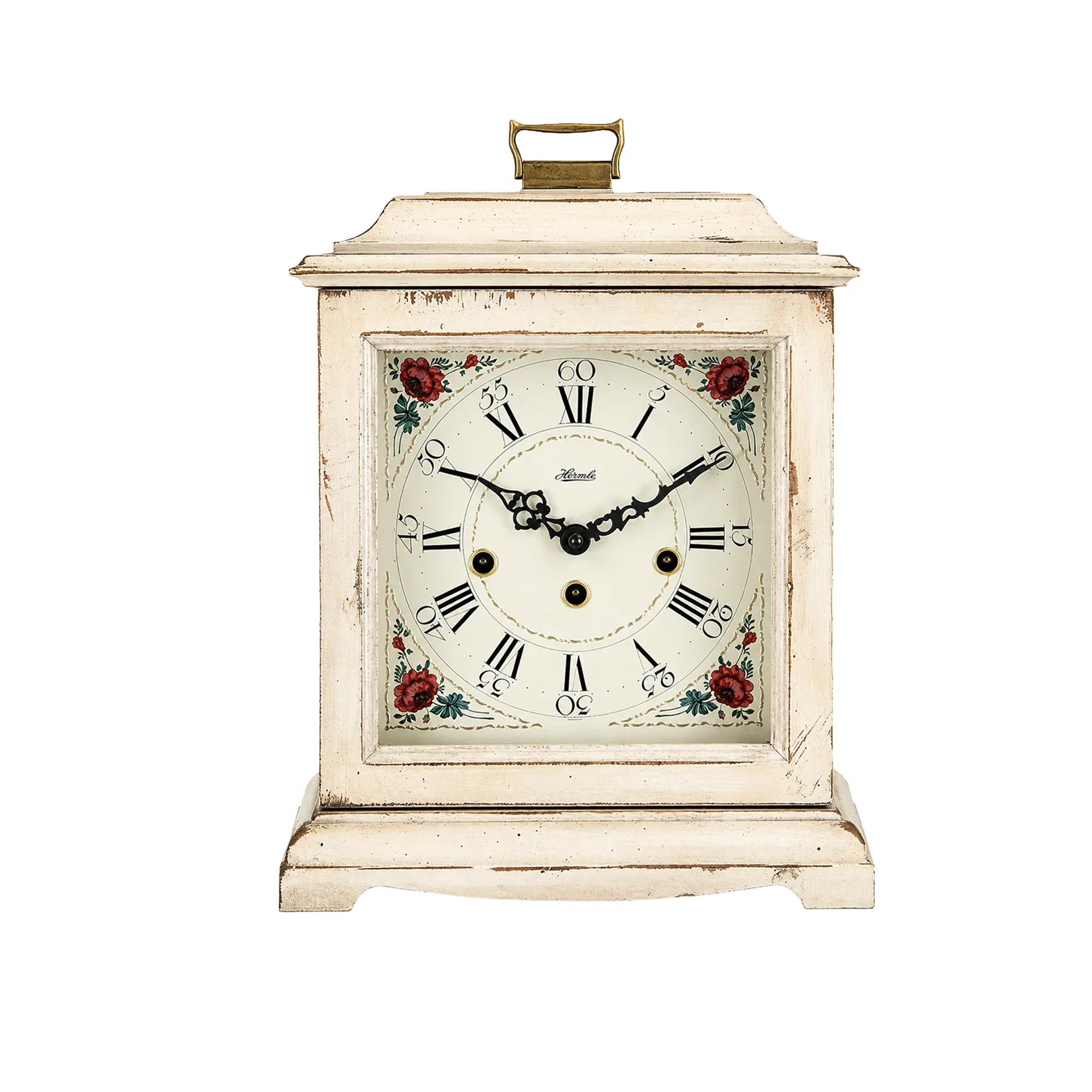 Reloj de mesa cuadrado con carcasa de madera blanca y esfera decorada con flores