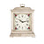Reloj de mesa de madera estilo vintage con esfera floral, números romanos y asa en la parte superior