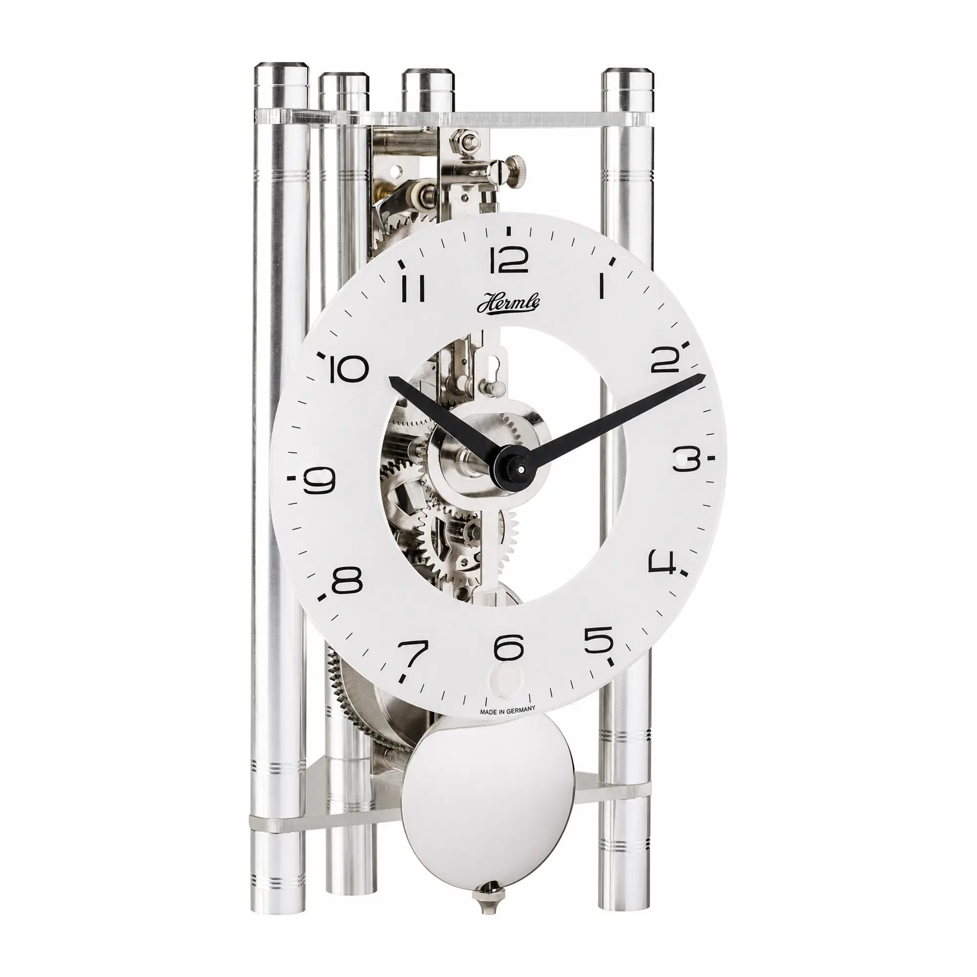 Reloj de mesa con esqueleto de aluminio, esfera blanca y movimiento visible, botón péndulo