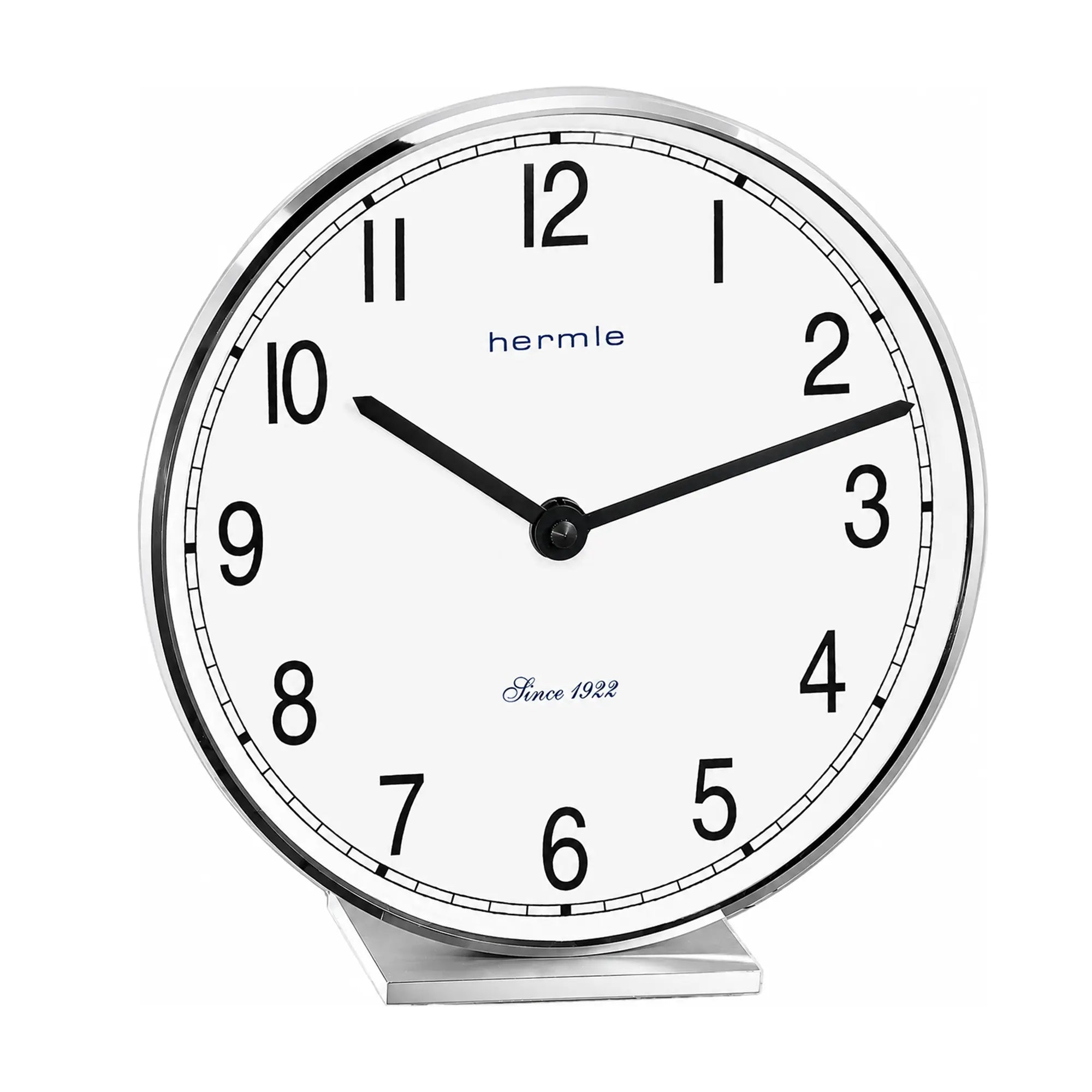 Reloj de mesa redondo: esfera blanca, manecillas negras, bisel cromado, base de pie