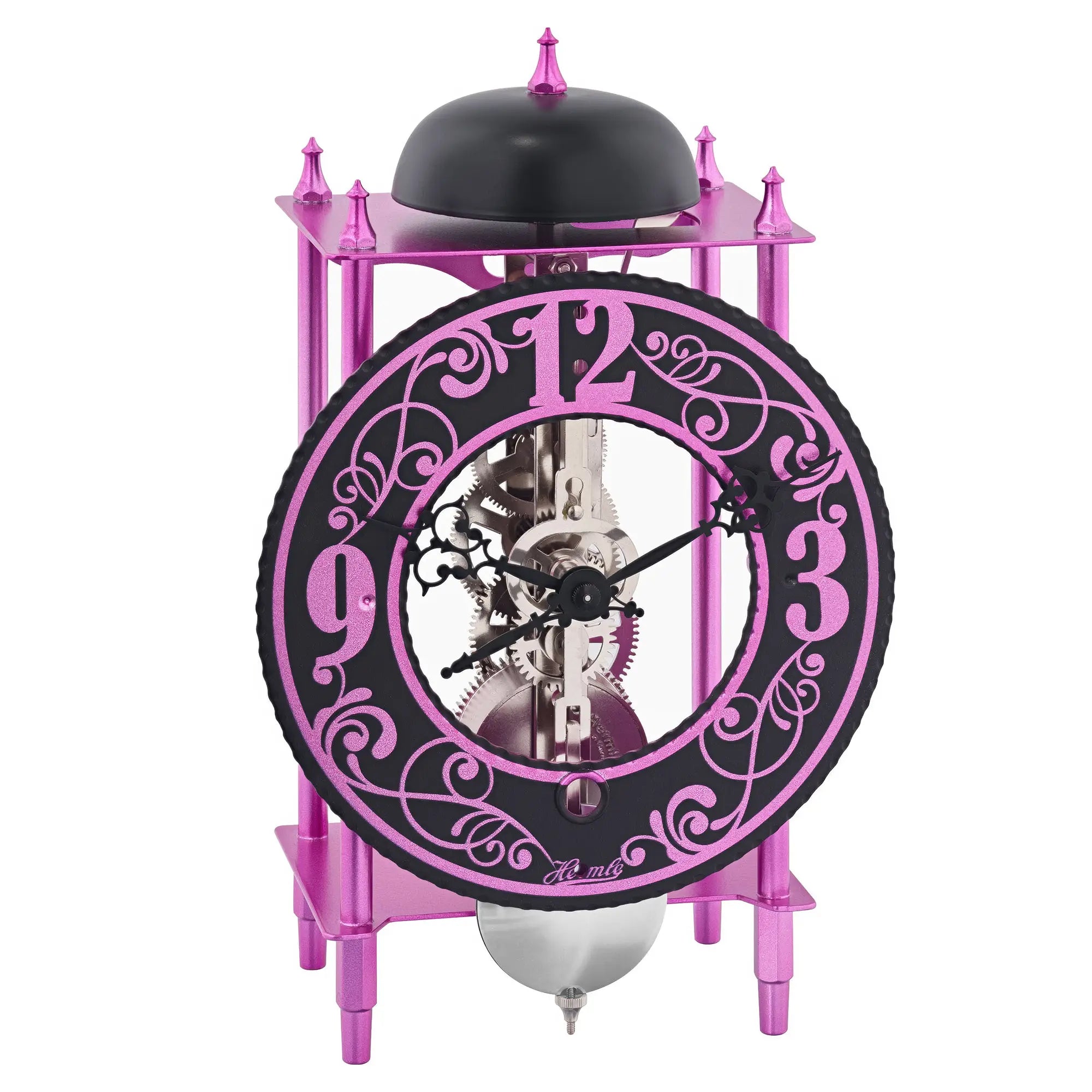 Reloj de mesa con caja de campana violeta, anillo de esfera y movimiento visible