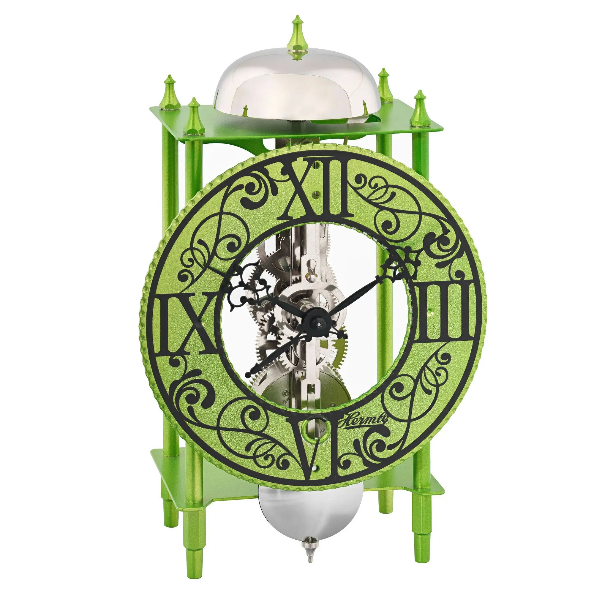 Reloj de mesa verde con cúpula transparente, esfera romana y manecillas plateadas