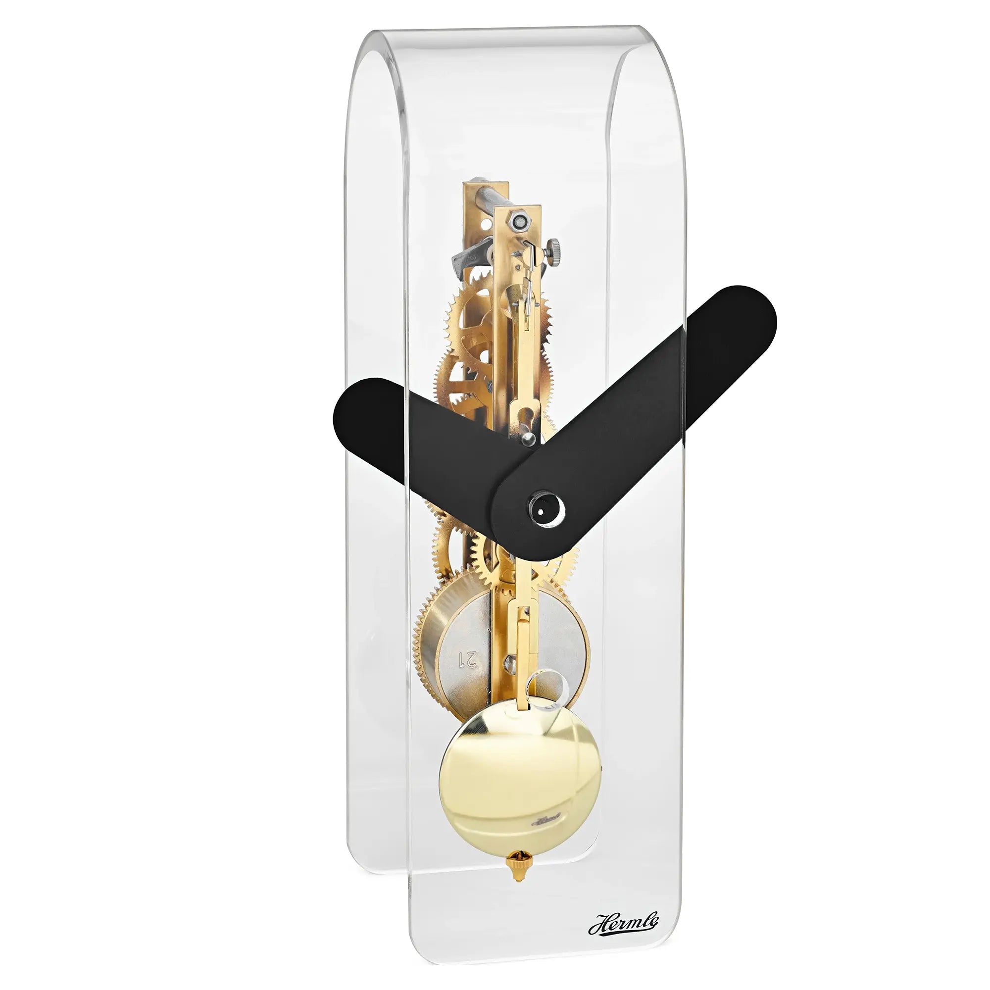 Reloj de mesa acrílico con movimiento esqueleto visible, palanca de cuerda negra y bola de péndulo dorada