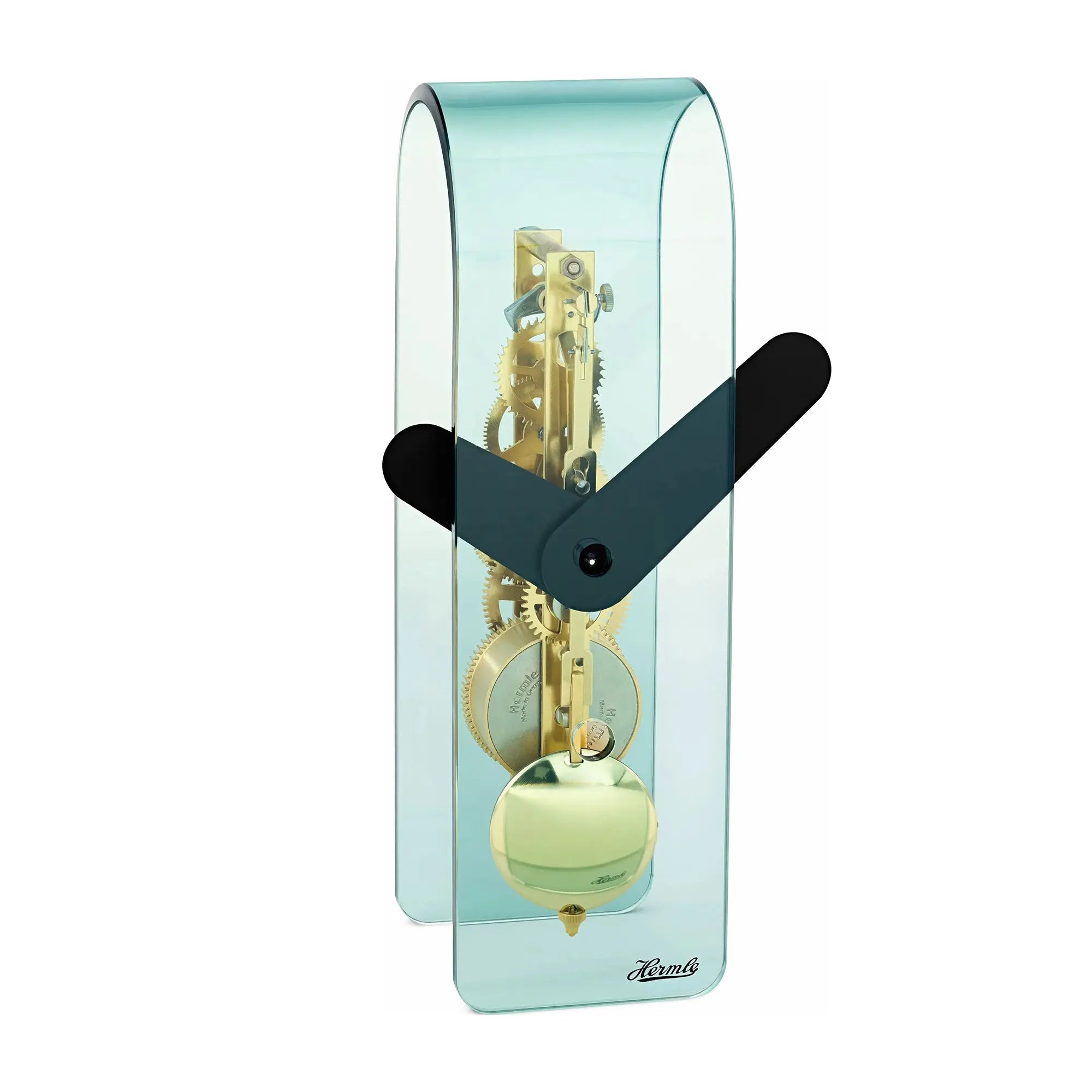 Reloj de mesa con carcasa de acrílico transparente y mecanismo visible, manecillas negras