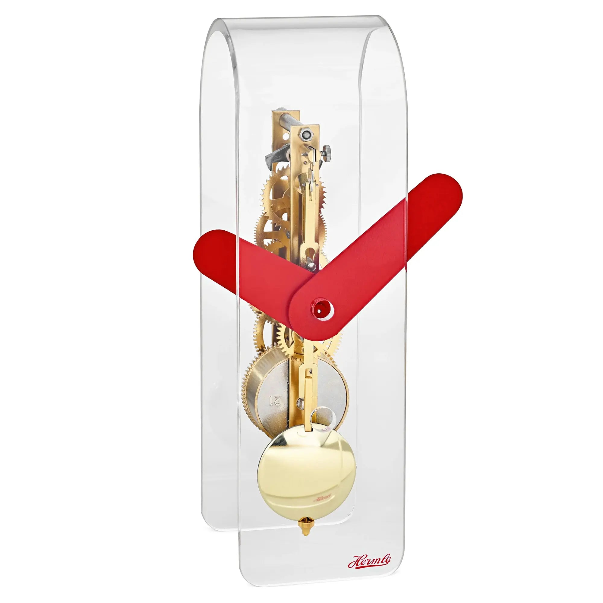 Reloj de mesa con carcasa de acrílico transparente, manecillas rojas y mecanismo visto