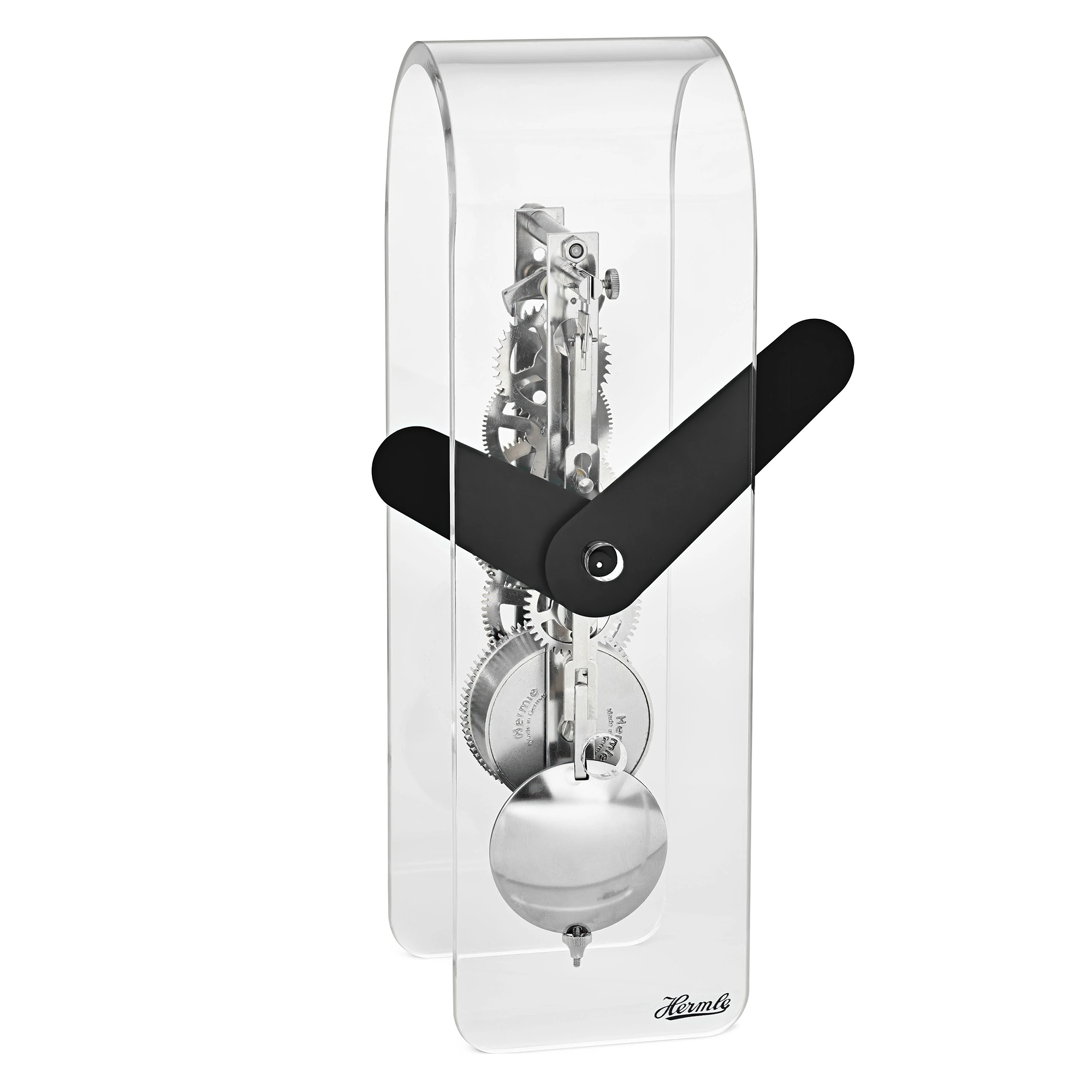 Reloj de mesa acrílico con movimiento expuesto y manecilla negra, carcasa transparente