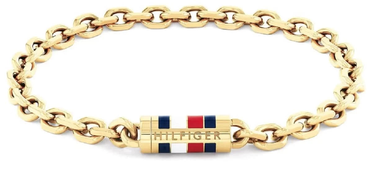 Pulsera de eslabones en tono dorado de acero inoxidable con placa de logo