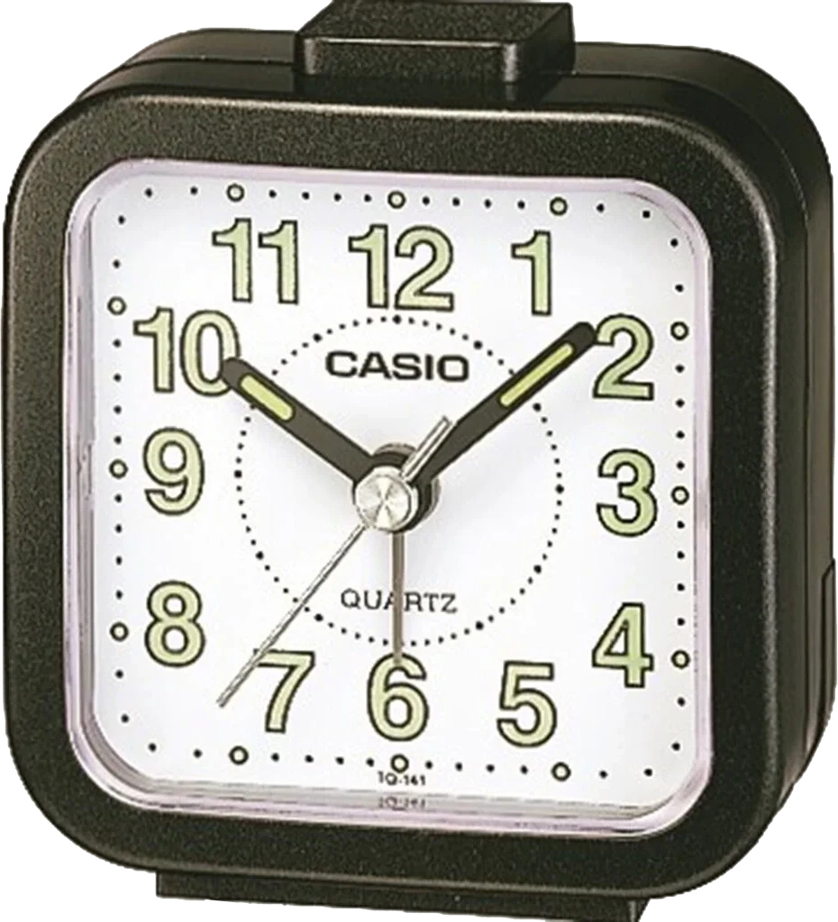 Despertador analógico rectangular con carcasa, esfera y mecanismo de cuarzo verdes