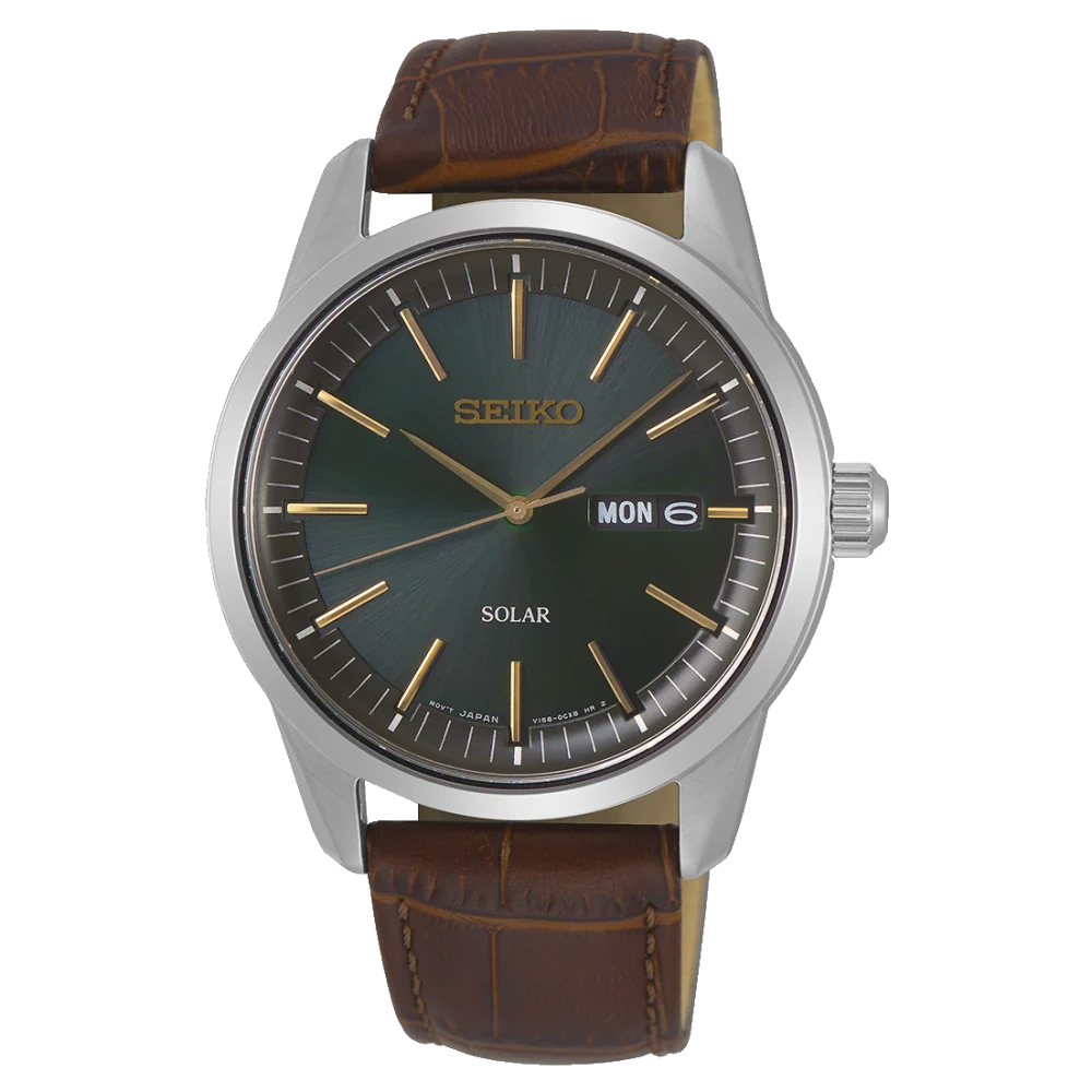 Seiko Conceptual Herrenuhr mit braunem Lederband, dunkelgrünem Zifferblatt und Datumsanzeige