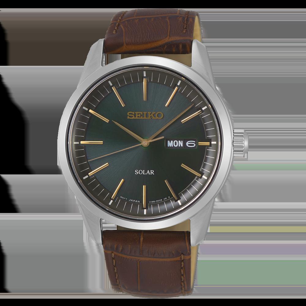 Pulsera para hombre: esfera verde oscuro con SOLAR, correa de cuero marrón, caja de acero