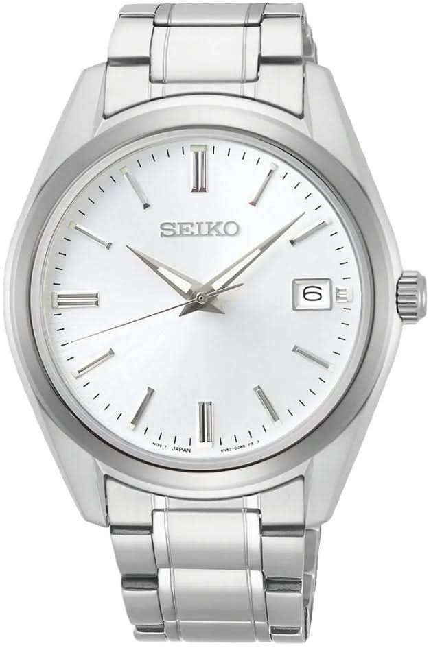 Reloj Seiko para hombre con correa de acero inoxidable plateado, esfera blanca, ventana de fecha a las 6