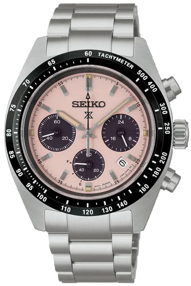 Reloj Seiko Prospex para hombre: cronógrafo solar, correa de acero inoxidable plateado, esfera rosa