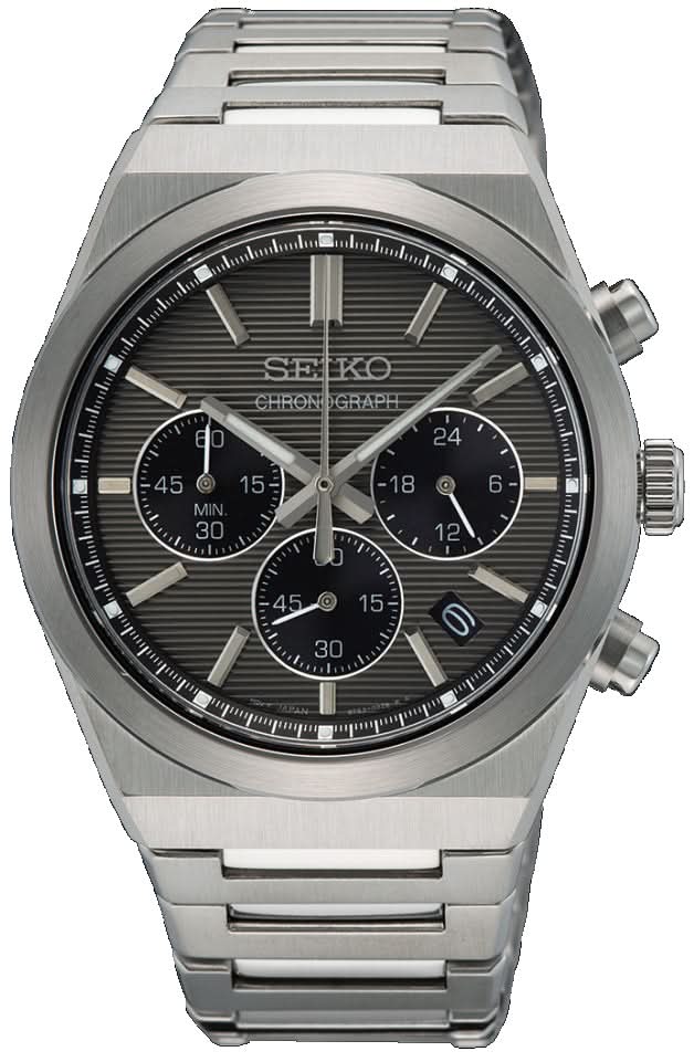 Reloj Seiko para hombre: pulsera de acero inoxidable plateado, esfera negra de cronógrafo con tres subesferas