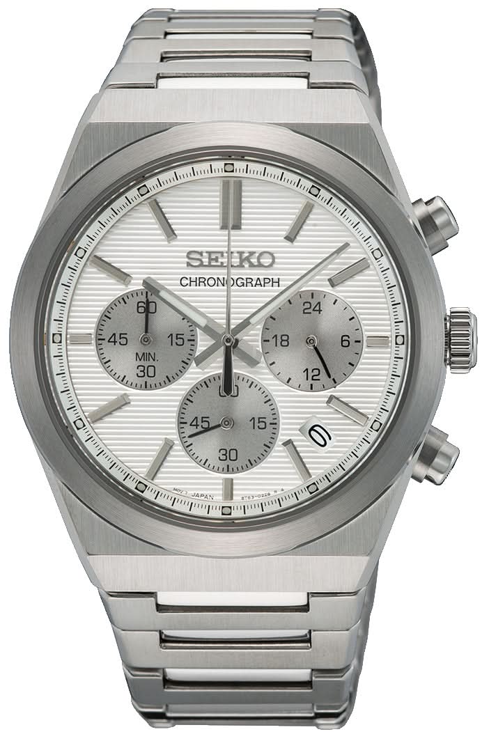 Reloj de pulsera cronógrafo para hombre con correa de acero inoxidable plateada y esfera blanca